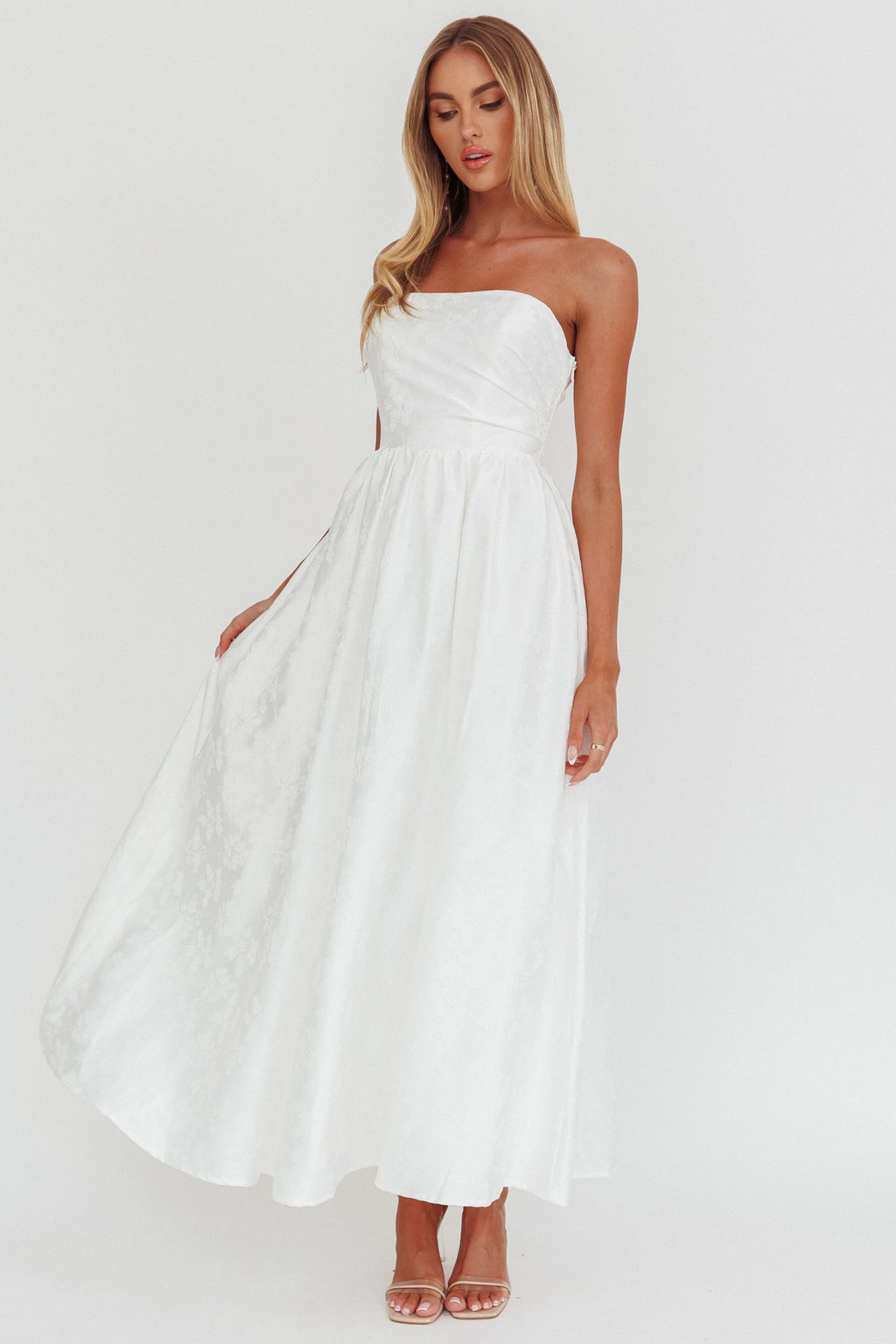 Anushka Strapless Empire Maxi Dress Jacquard White by Selfie Leslie