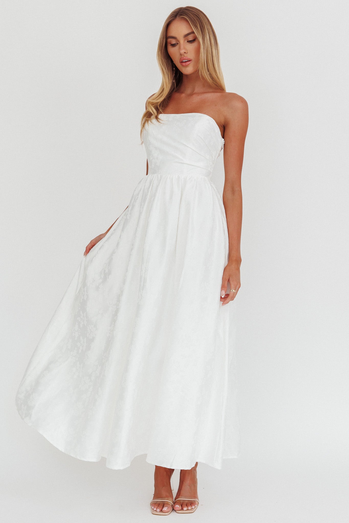 Anushka Strapless Empire Maxi Dress Jacquard White by Selfie Leslie