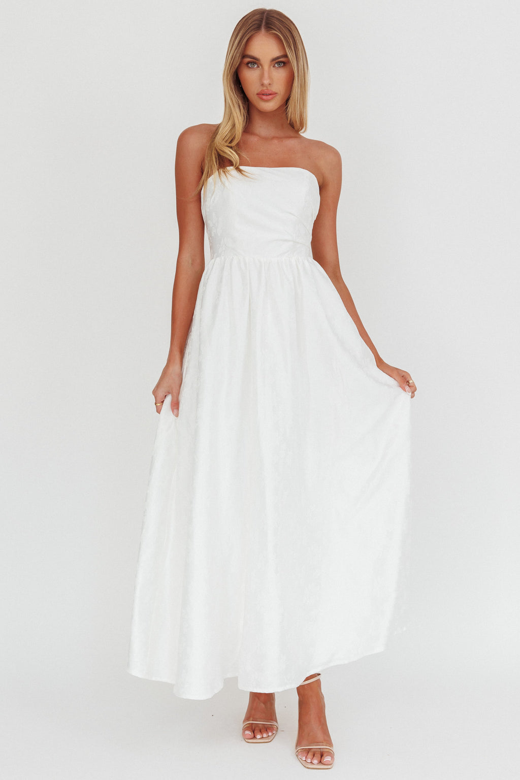 Anushka Strapless Empire Maxi Dress Jacquard White by Selfie Leslie
