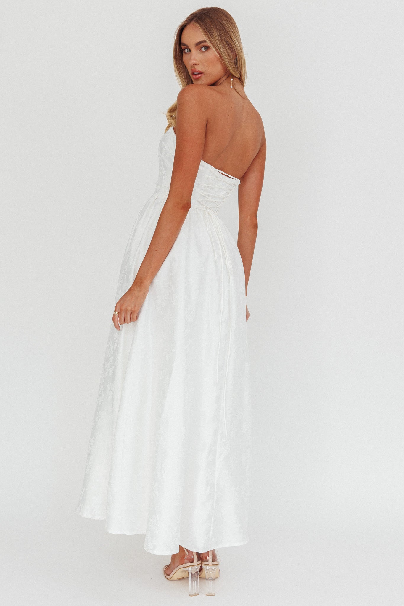Anushka Strapless Empire Maxi Dress Jacquard White | Selfie Leslie Anushka Strapless Empire Maxi Dress Jacquard White | Selfie Leslie