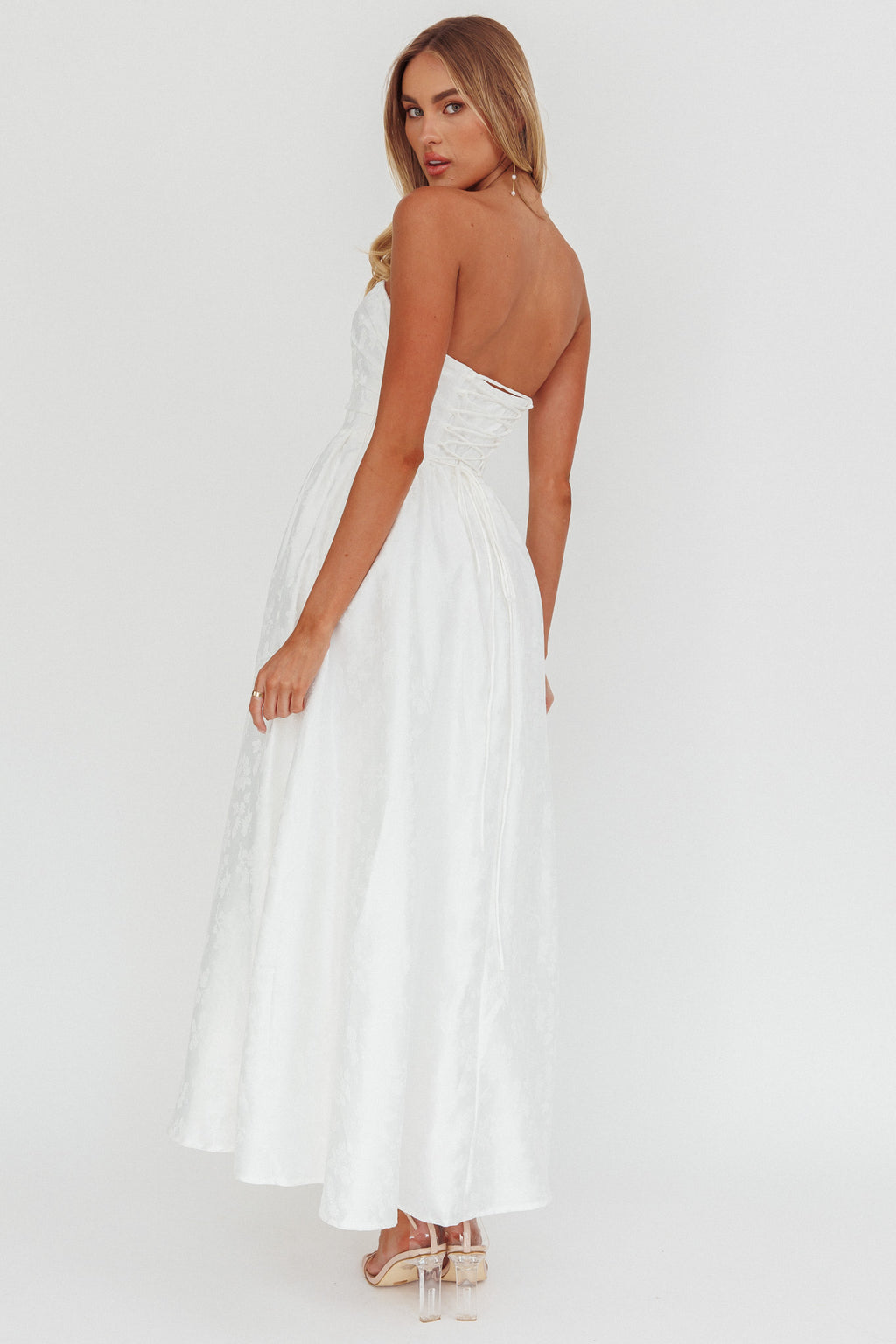 Anushka Strapless Empire Maxi Dress Jacquard White by Selfie Leslie