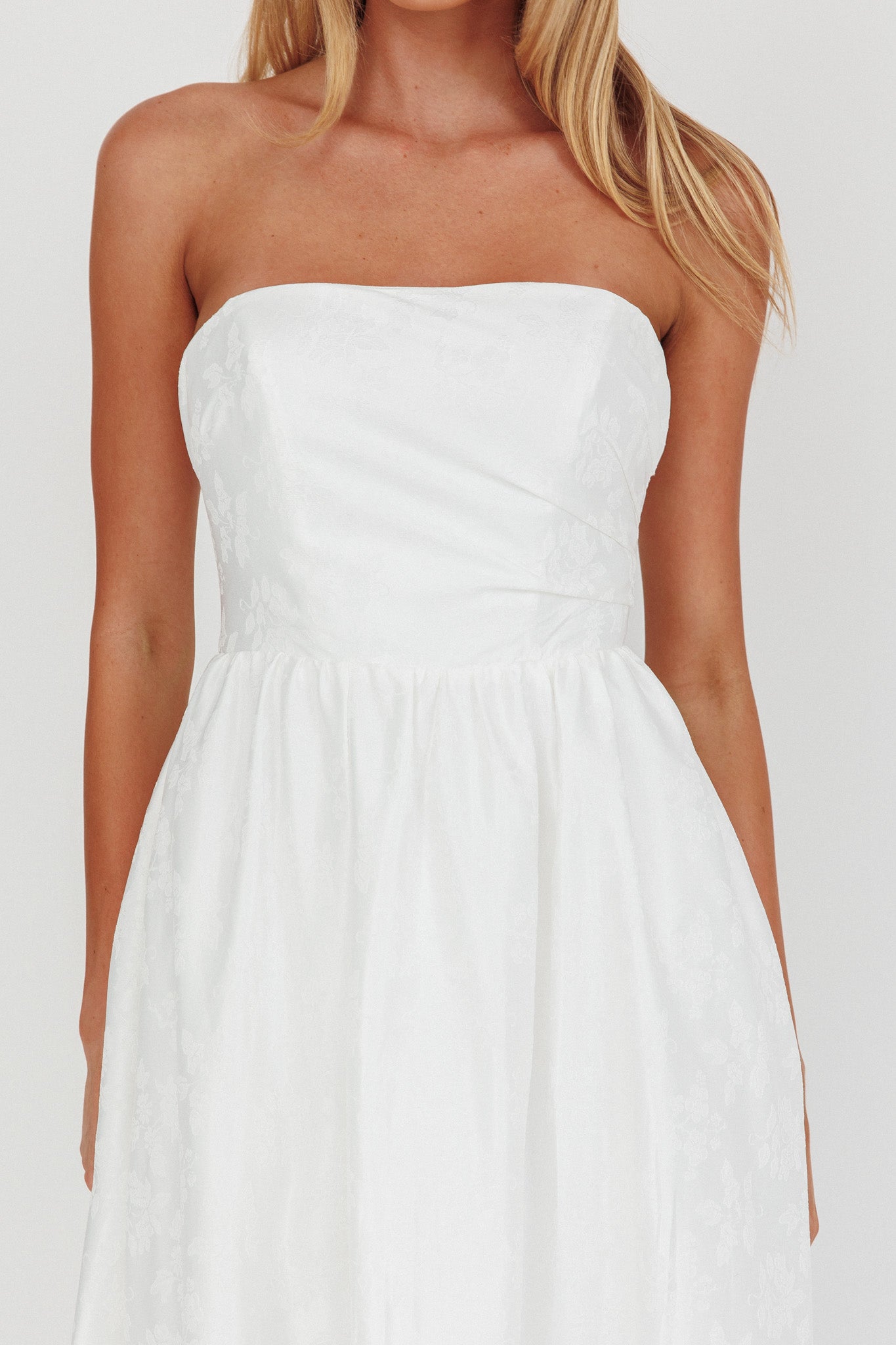 Anushka Strapless Empire Maxi Dress Jacquard White by Selfie Leslie
