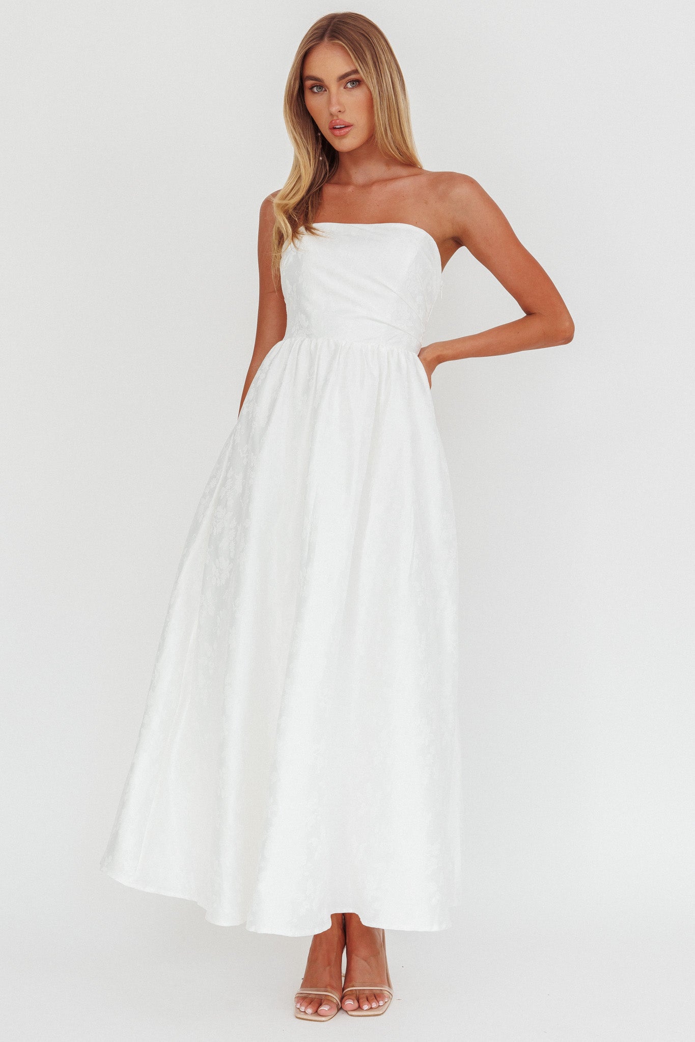 Anushka Strapless Empire Maxi Dress Jacquard White by Selfie Leslie
