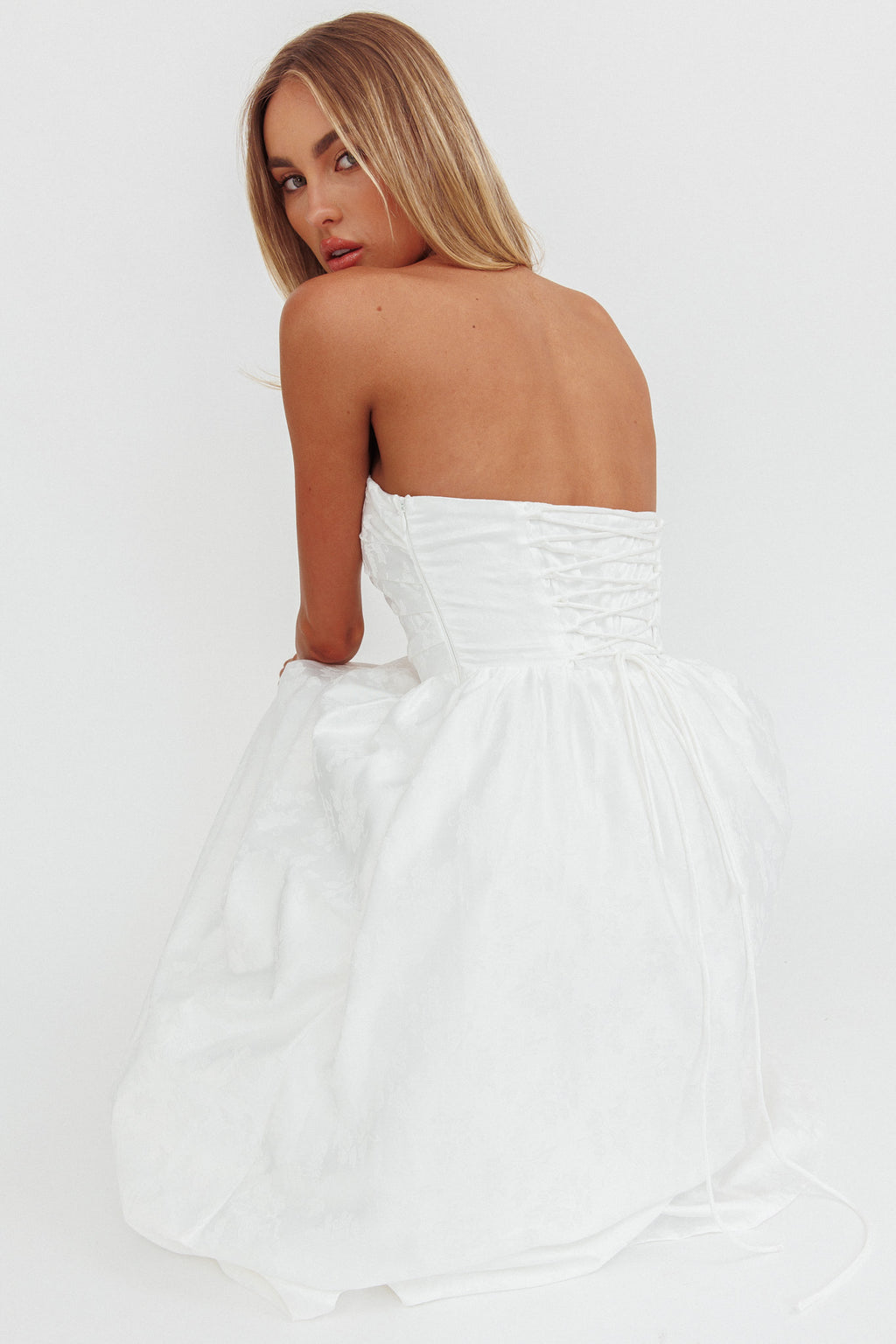 Anushka Strapless Empire Maxi Dress Jacquard White by Selfie Leslie