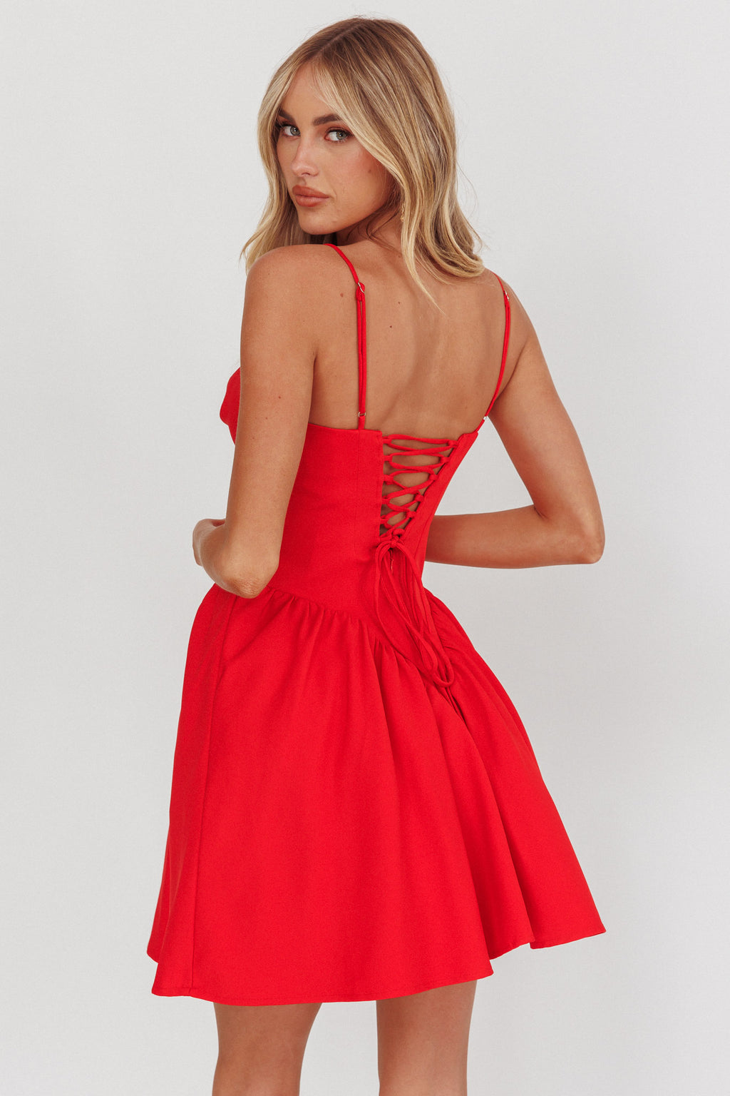 Star Signs Lace-Up Back Mini Dress Red by Selfie Leslie