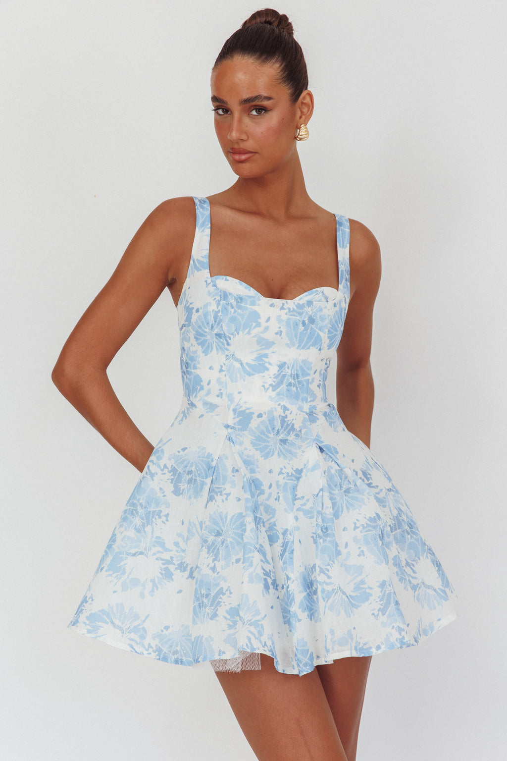 Get My Attention Off-Shoulder Mini Dress Floral Blue by Selfie Leslie
