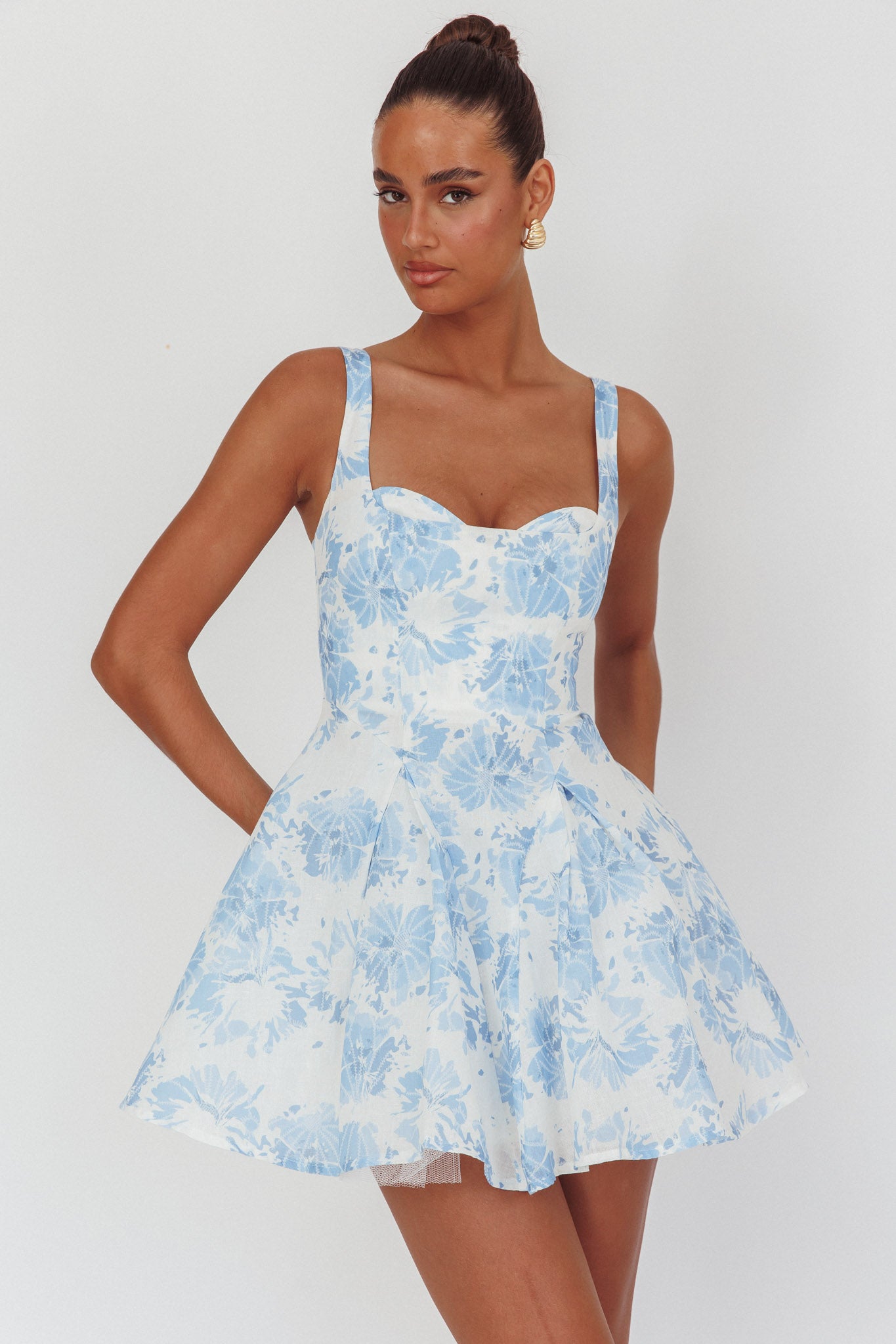 Get My Attention Off-Shoulder Mini Dress Floral Blue by Selfie Leslie