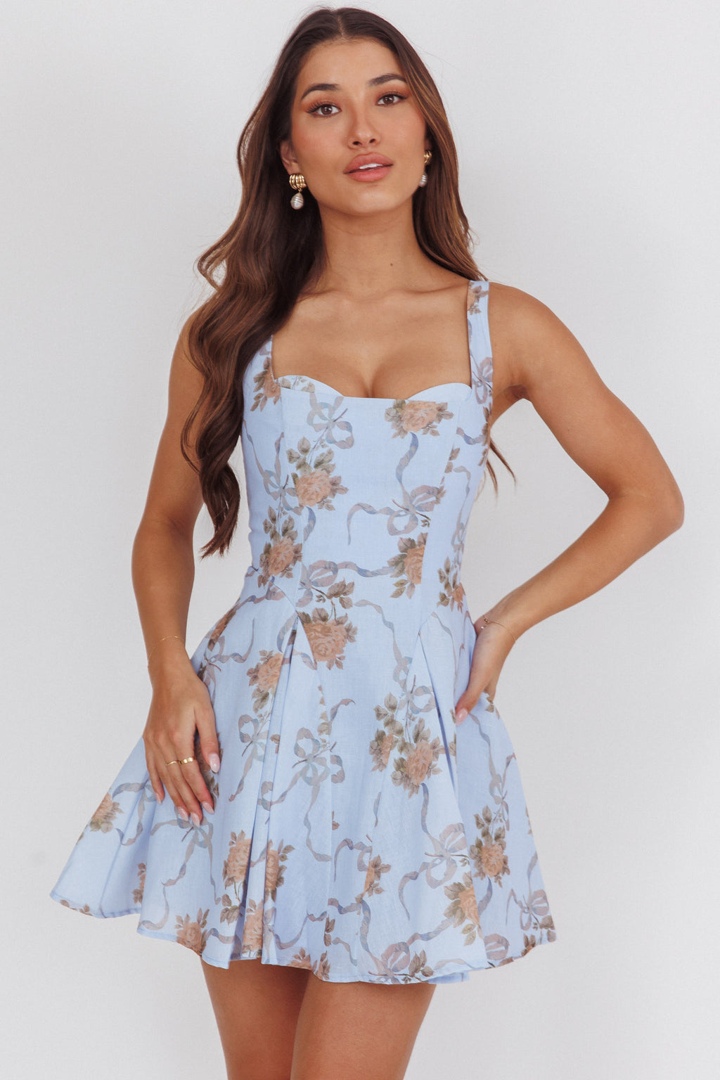 Get My Attention Basque Waist Mini Dress Floral Blue - L Get My Attention Basque Waist Mini Dress Floral Blue - L