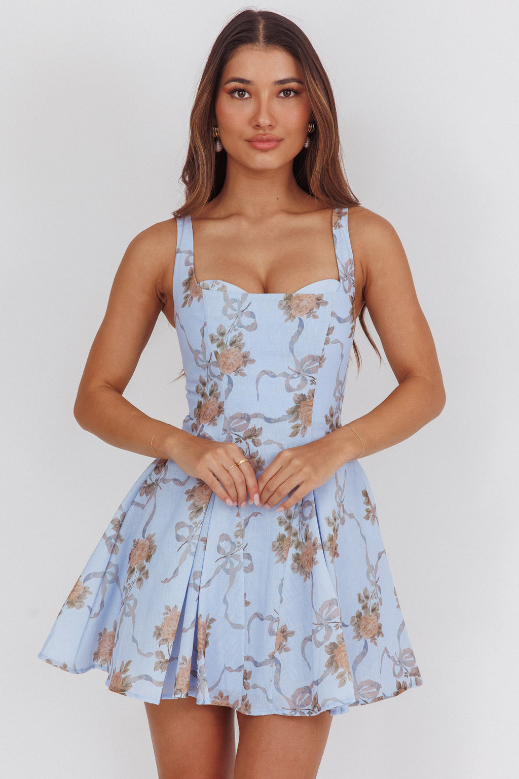 Get My Attention Basque Waist Mini Dress Floral Blue by Selfie Leslie