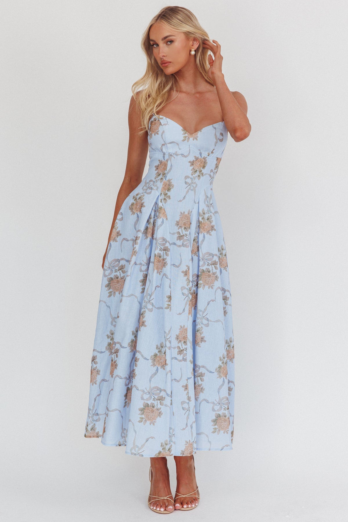 pleat waist dress Get My Attention Maxi Bow Blue Color:Mid Blue Chambray M11214E-WHB this dress features a Free People To The