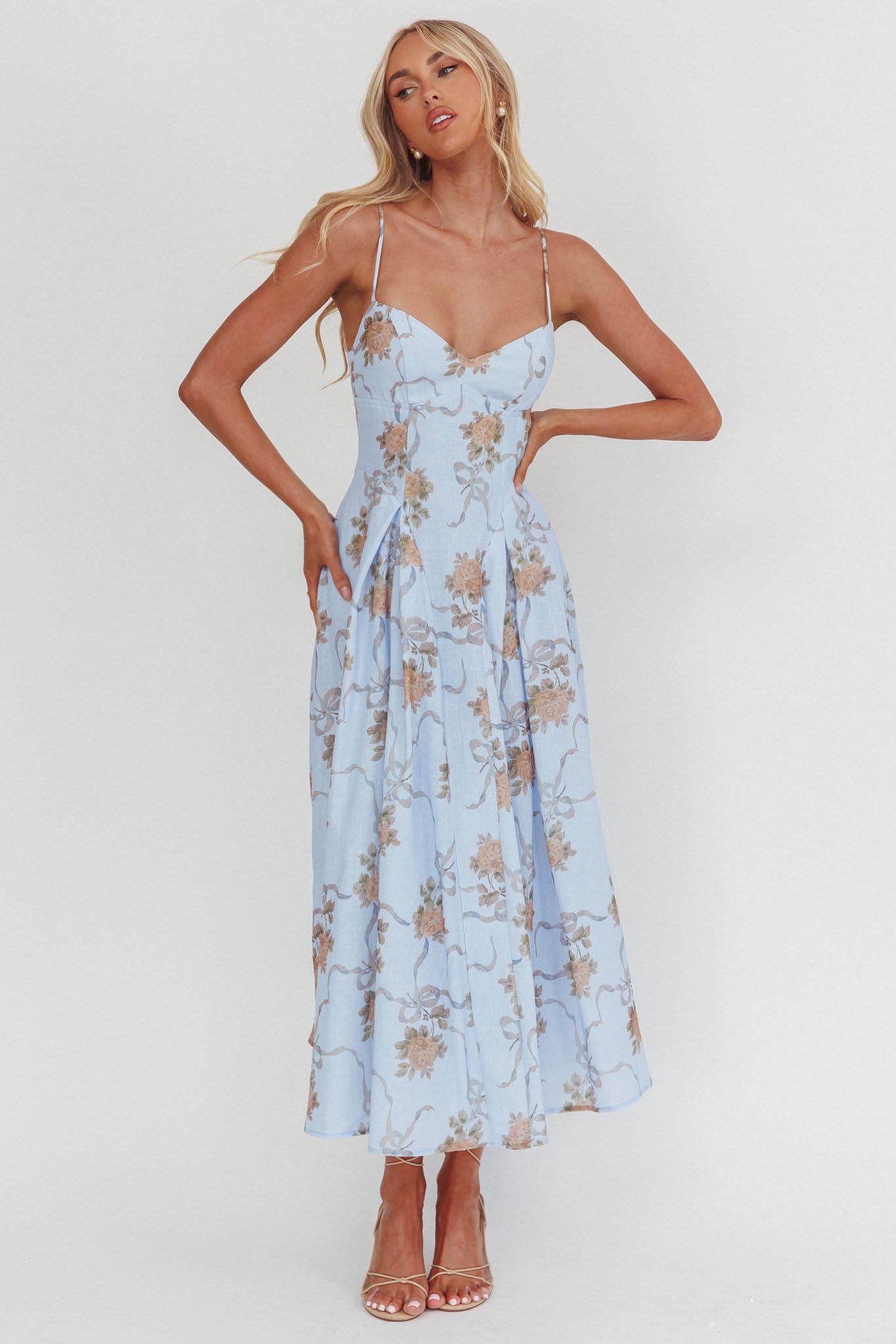 Get My Attention Pleat Waist Maxi Dress Bow Blue by Selfie Leslie