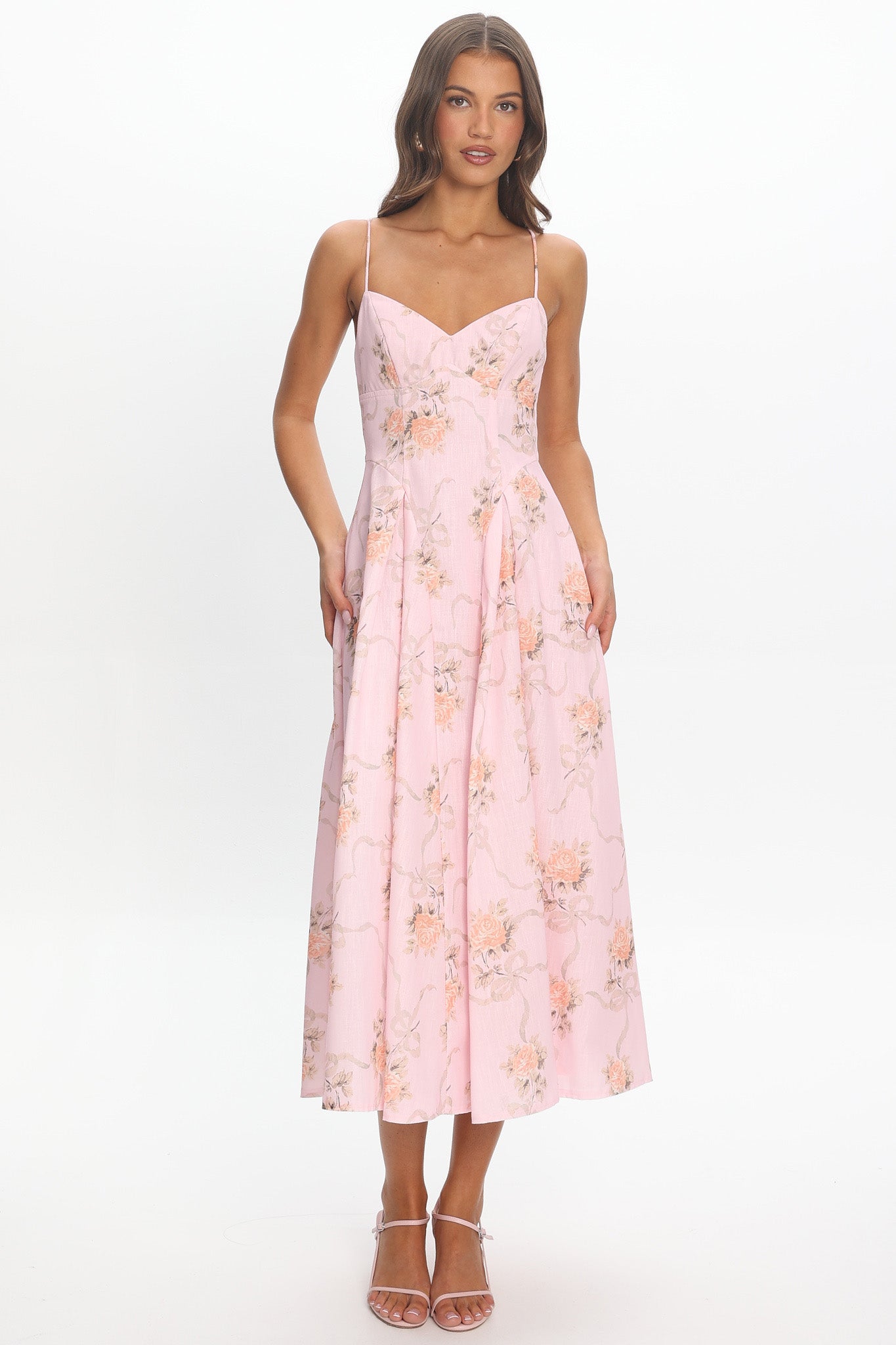 Get My Attention Pleat Waist Maxi Dress Bow Pink | Selfie Leslie