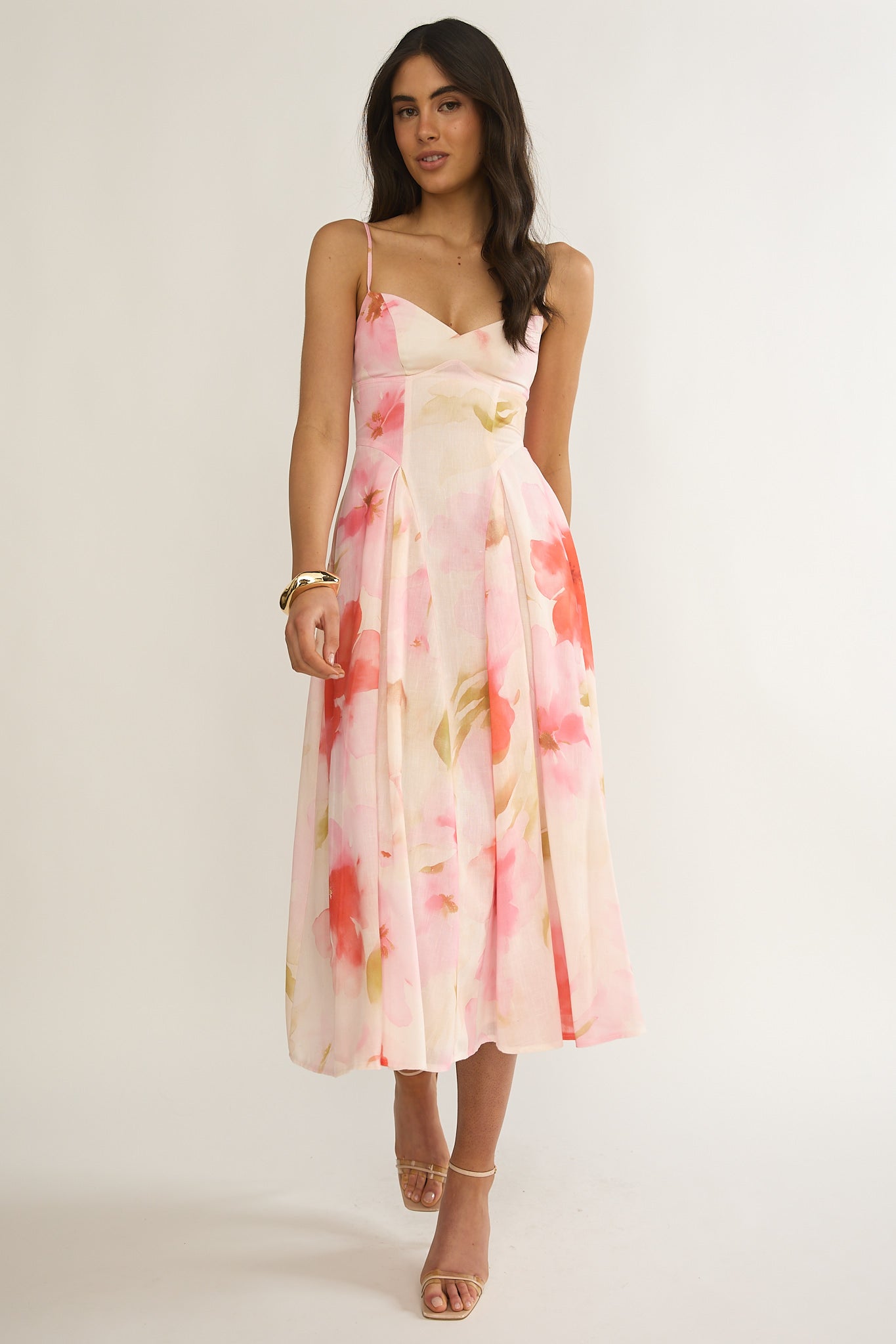 Get My Attention Pleat Waist Midi Dress Floral Pink | Selfie Leslie