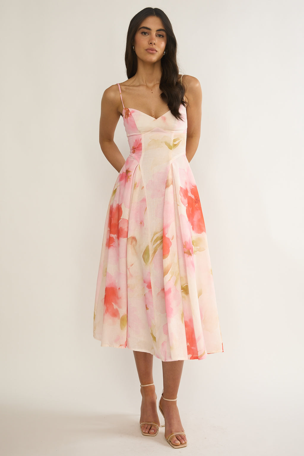 Get My Attention Pleat Waist Midi Dress Floral Pink by Selfie Leslie