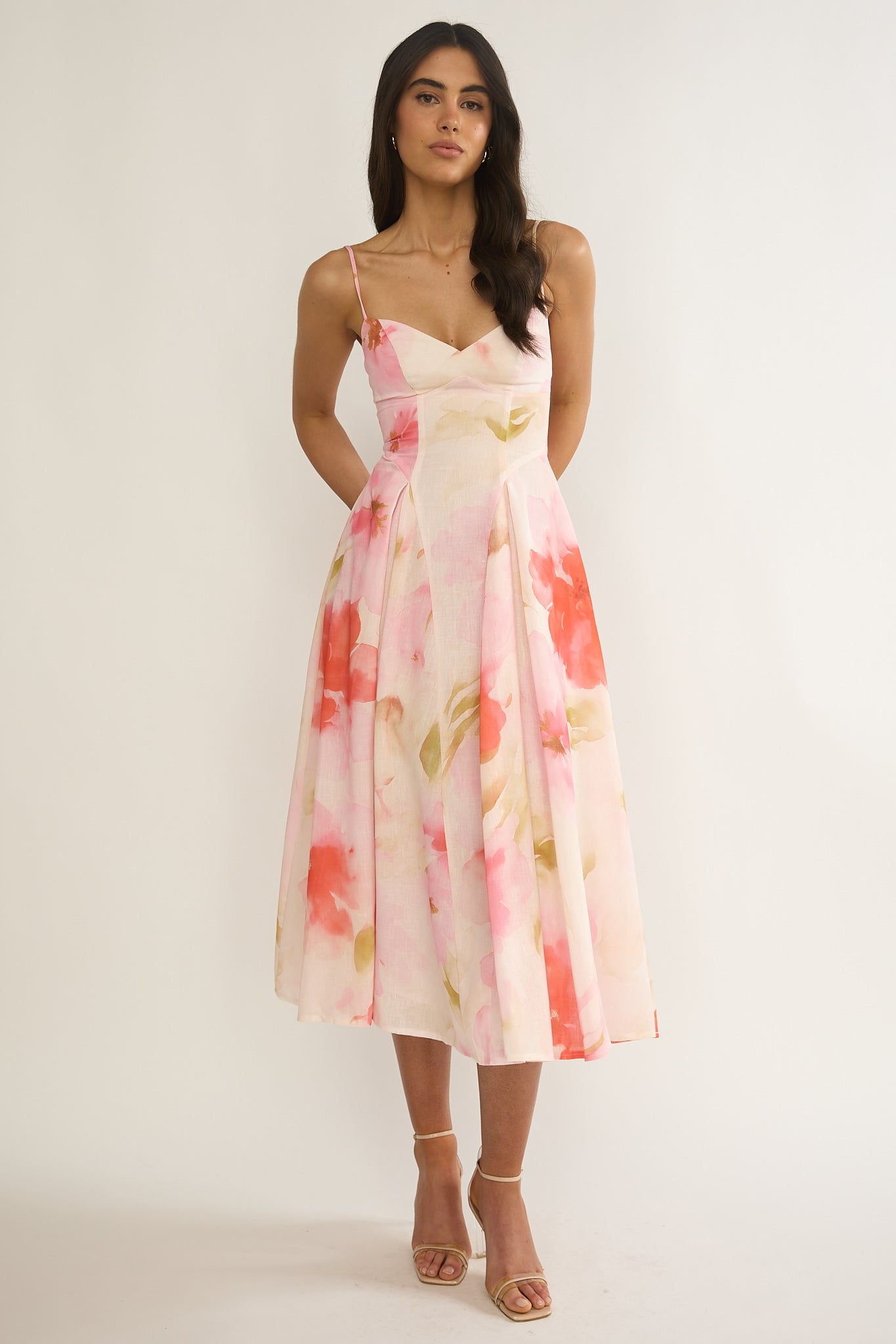 Get My Attention Pleat Waist Midi Dress Floral Pink by Selfie Leslie