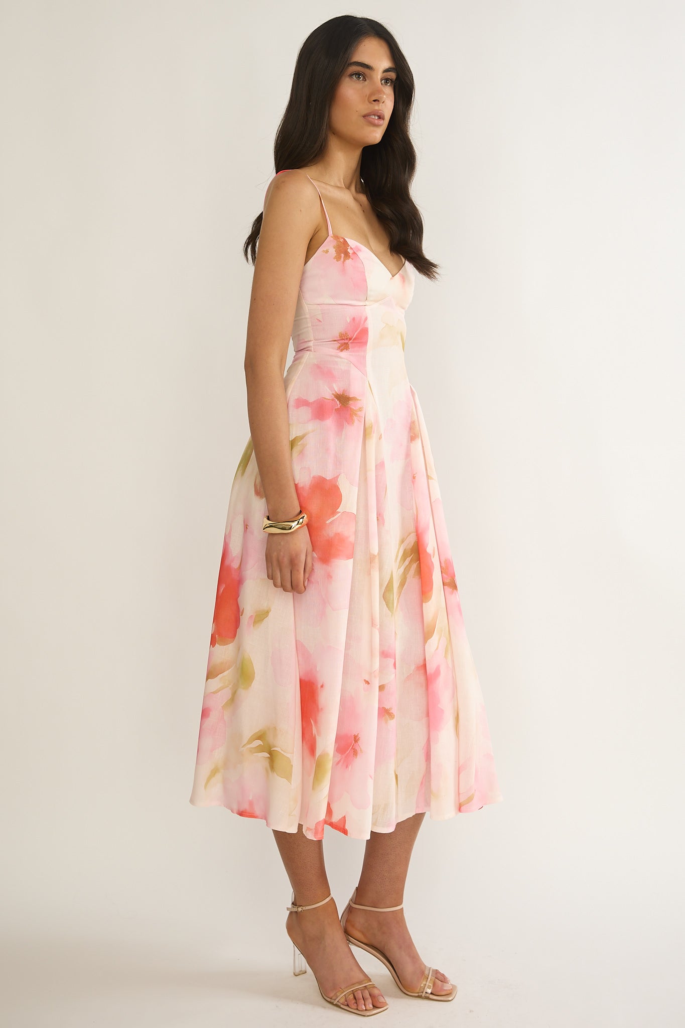 Get My Attention Pleat Waist Midi Dress Floral Pink by Selfie Leslie