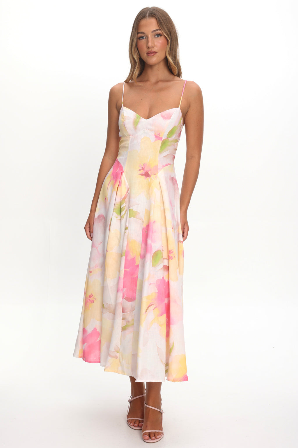 Get My Attention Pleat Waist Maxi Dress Floral Yellow by Selfie Leslie
