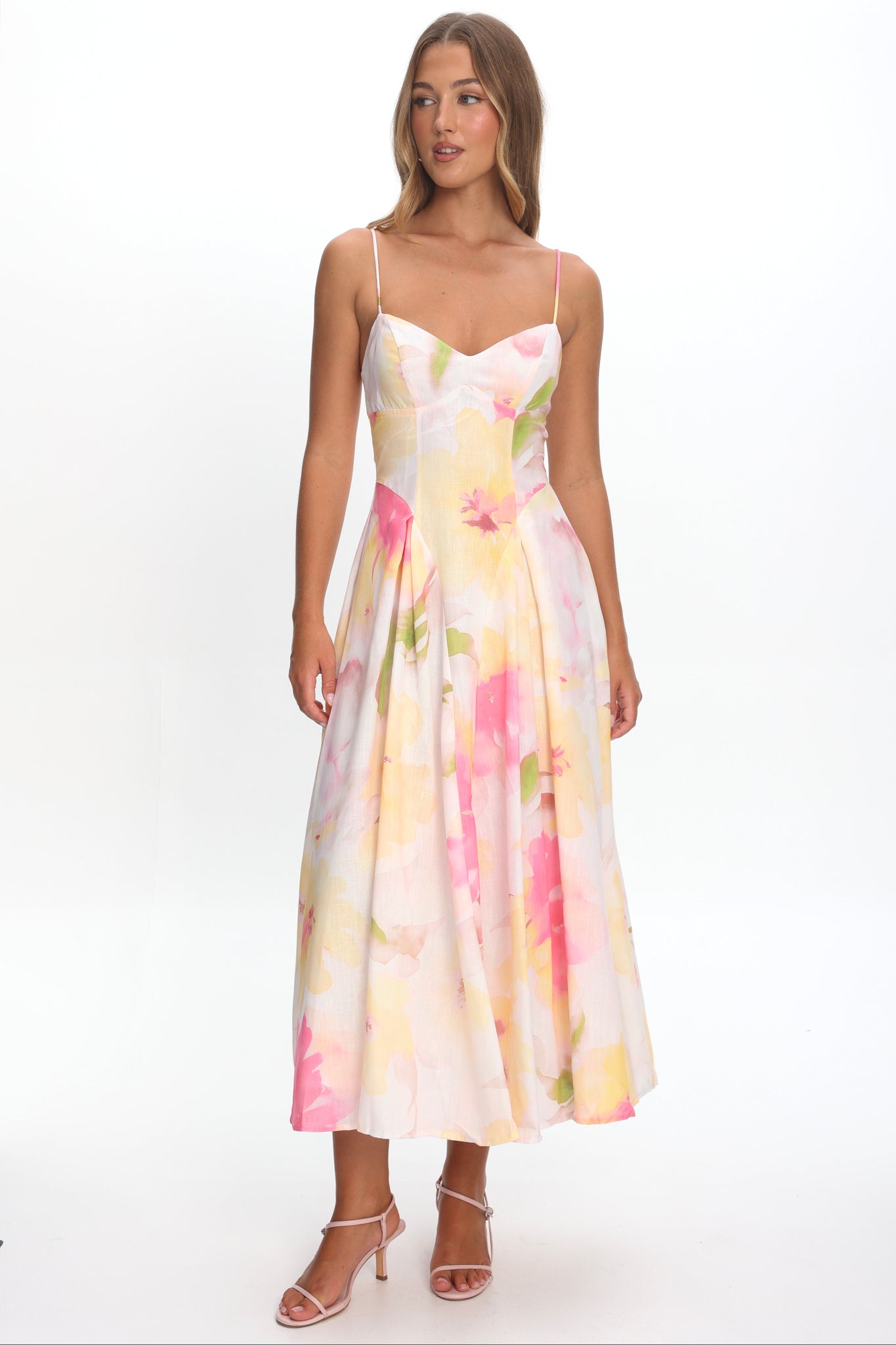 Get My Attention Pleat Waist Maxi Dress Floral Yellow by Selfie Leslie