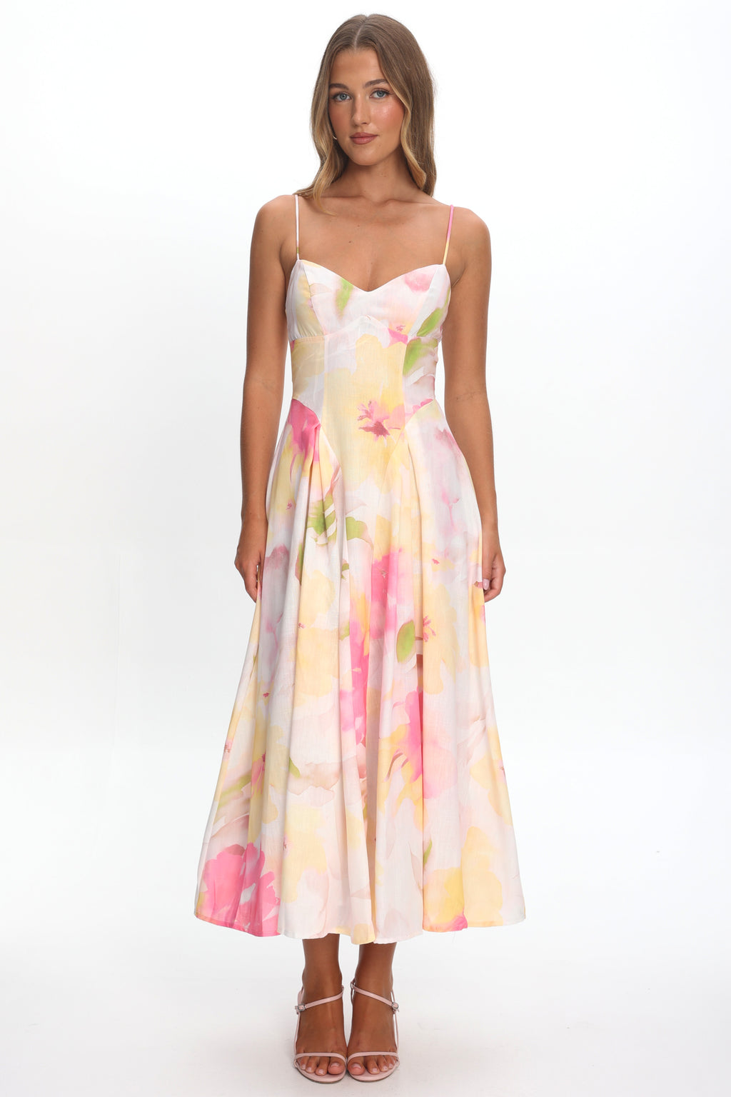 Get My Attention Pleat Waist Maxi Dress Floral Yellow by Selfie Leslie