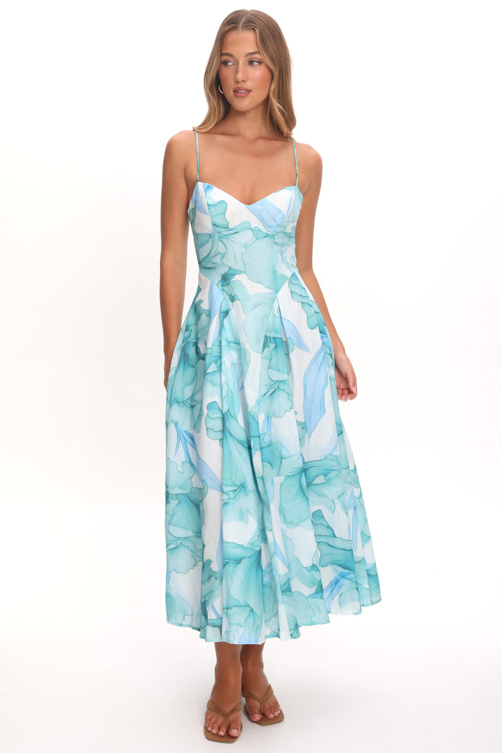 Get My Attention Pleat Waist Maxi Dress Watercolor Green by Selfie Leslie