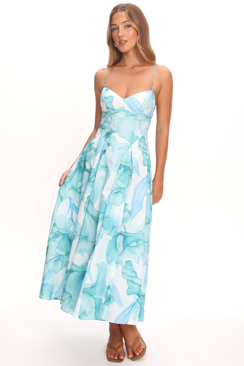 Get My Attention Pleat Waist Maxi Dress Watercolor Green by Selfie Leslie
