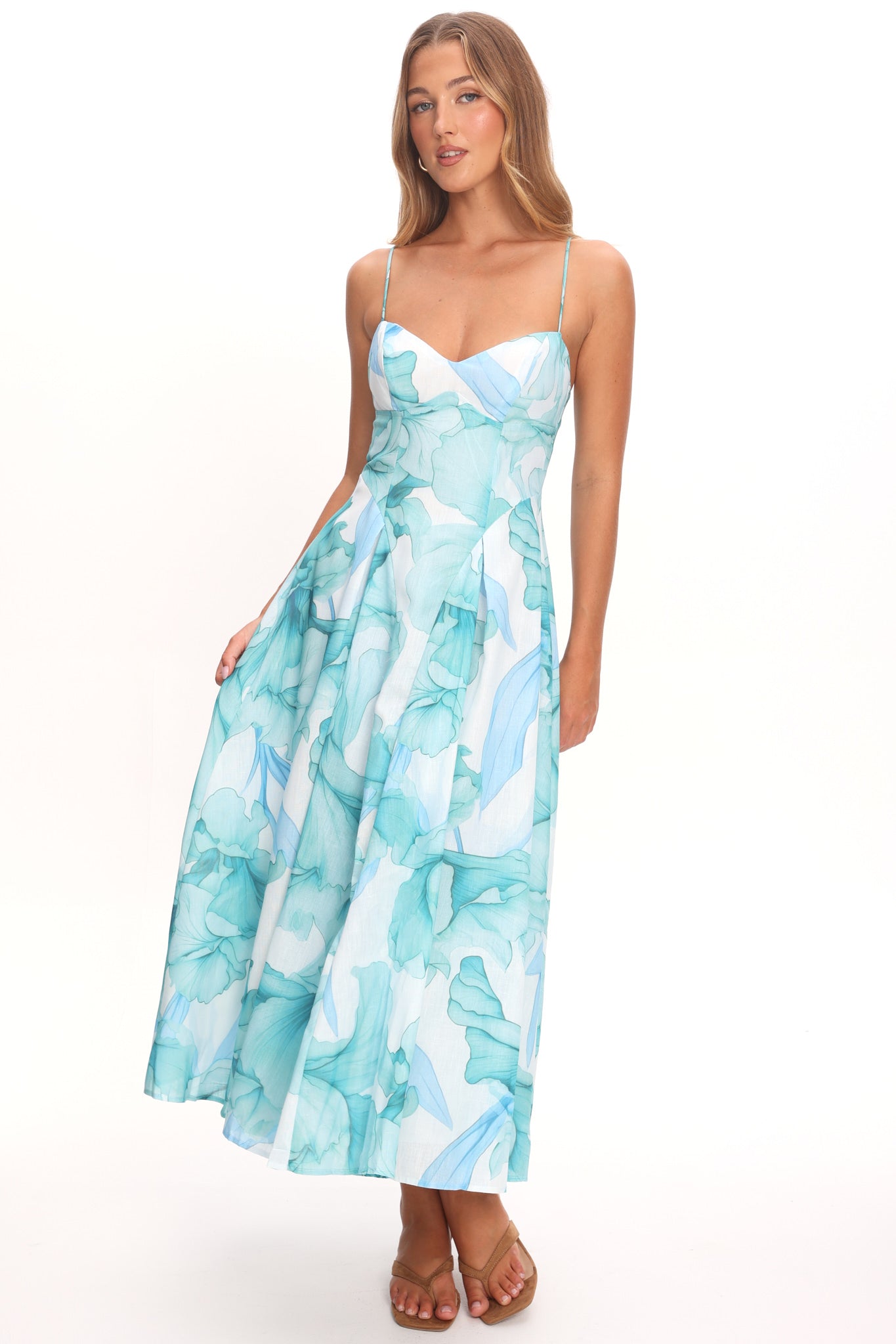 Get My Attention Pleat Waist Maxi Dress Watercolor Green by Selfie Leslie