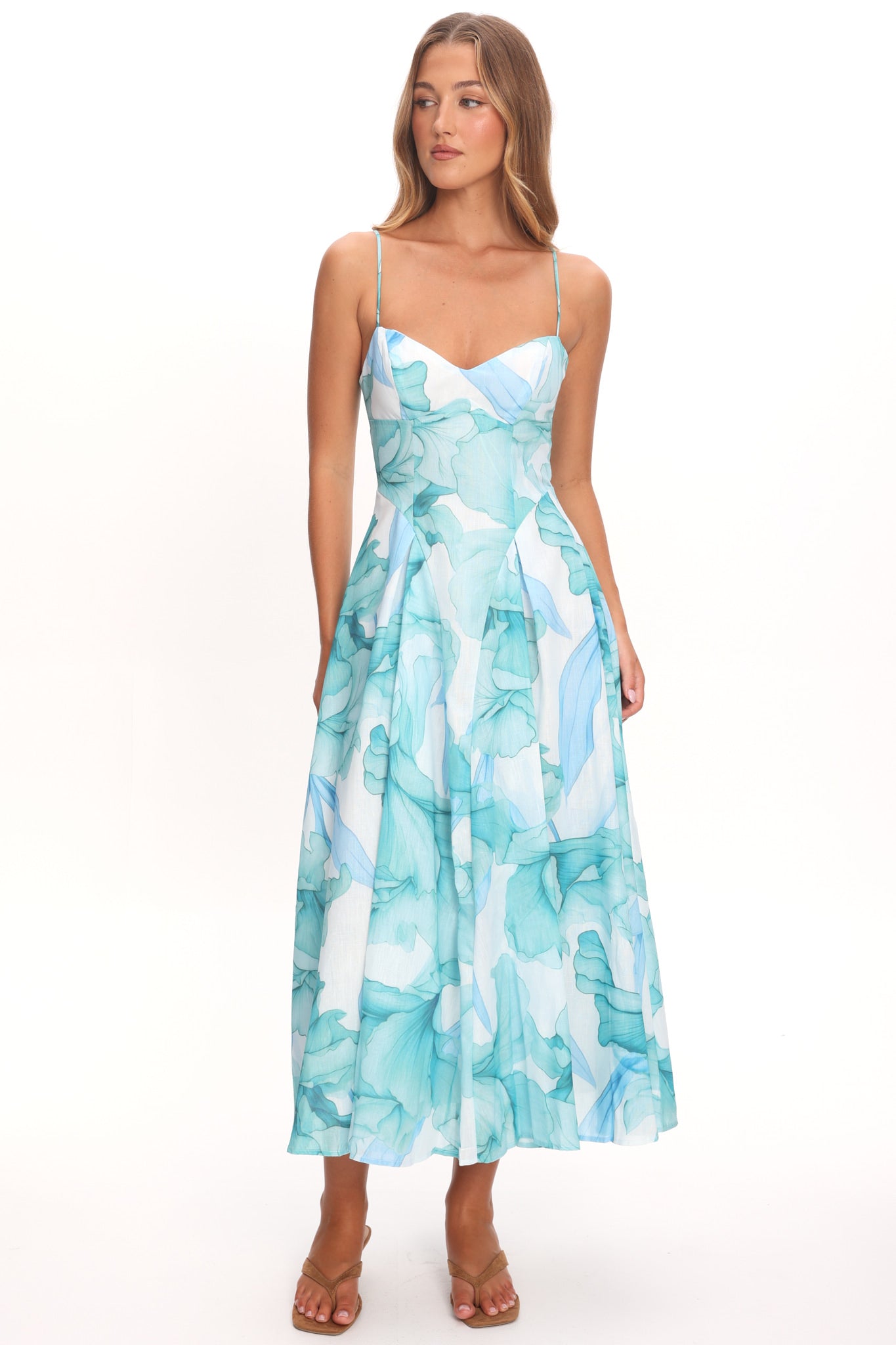 Get My Attention Pleat Waist Maxi Dress Watercolor Green by Selfie Leslie