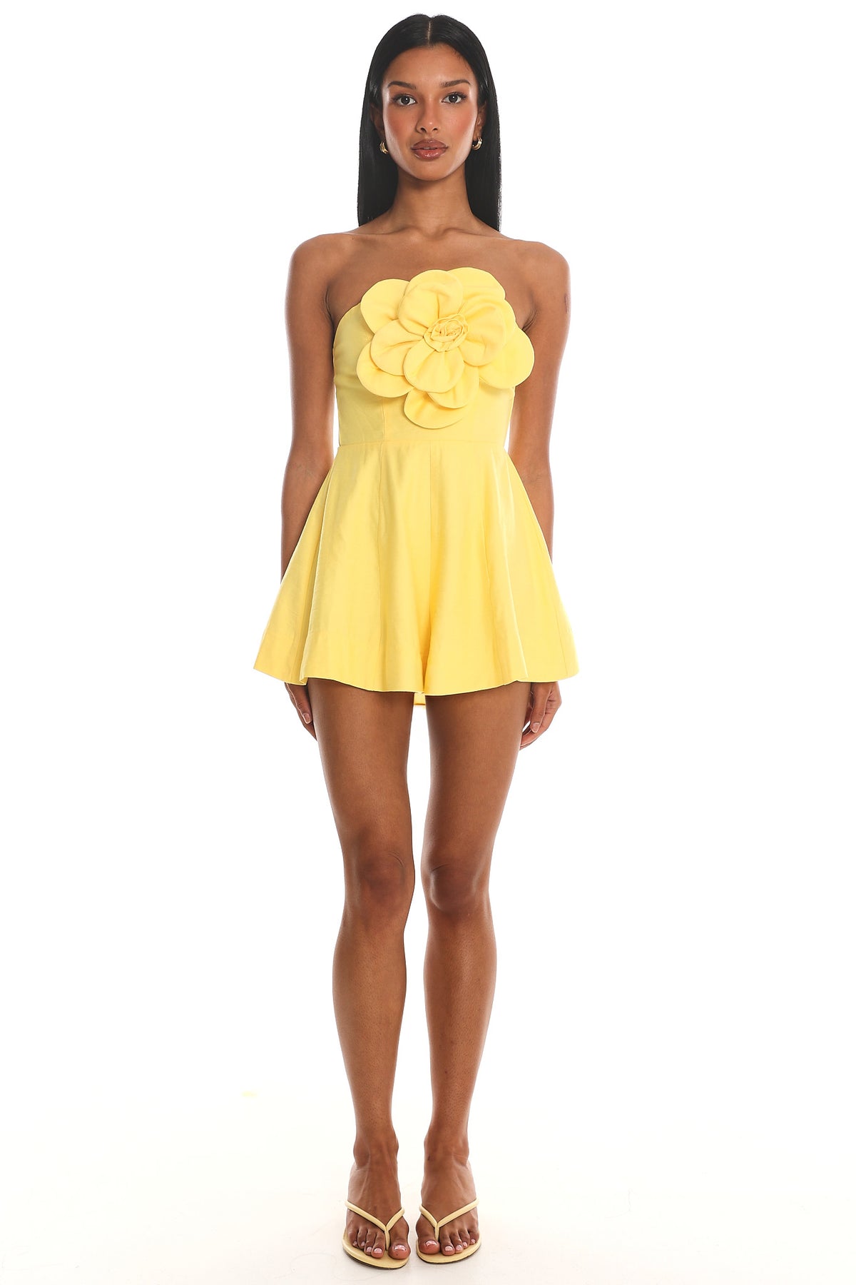 Karoline 3D Flower Strapless Mini Romper Yellow by Selfie Leslie