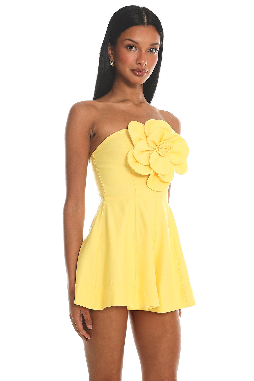 Karoline 3D Flower Strapless Mini Romper Yellow by Selfie Leslie