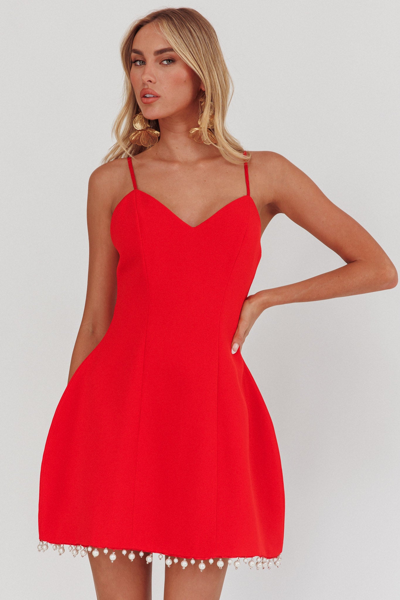 Besos Pearl Hem Mini Dress Red by Selfie Leslie