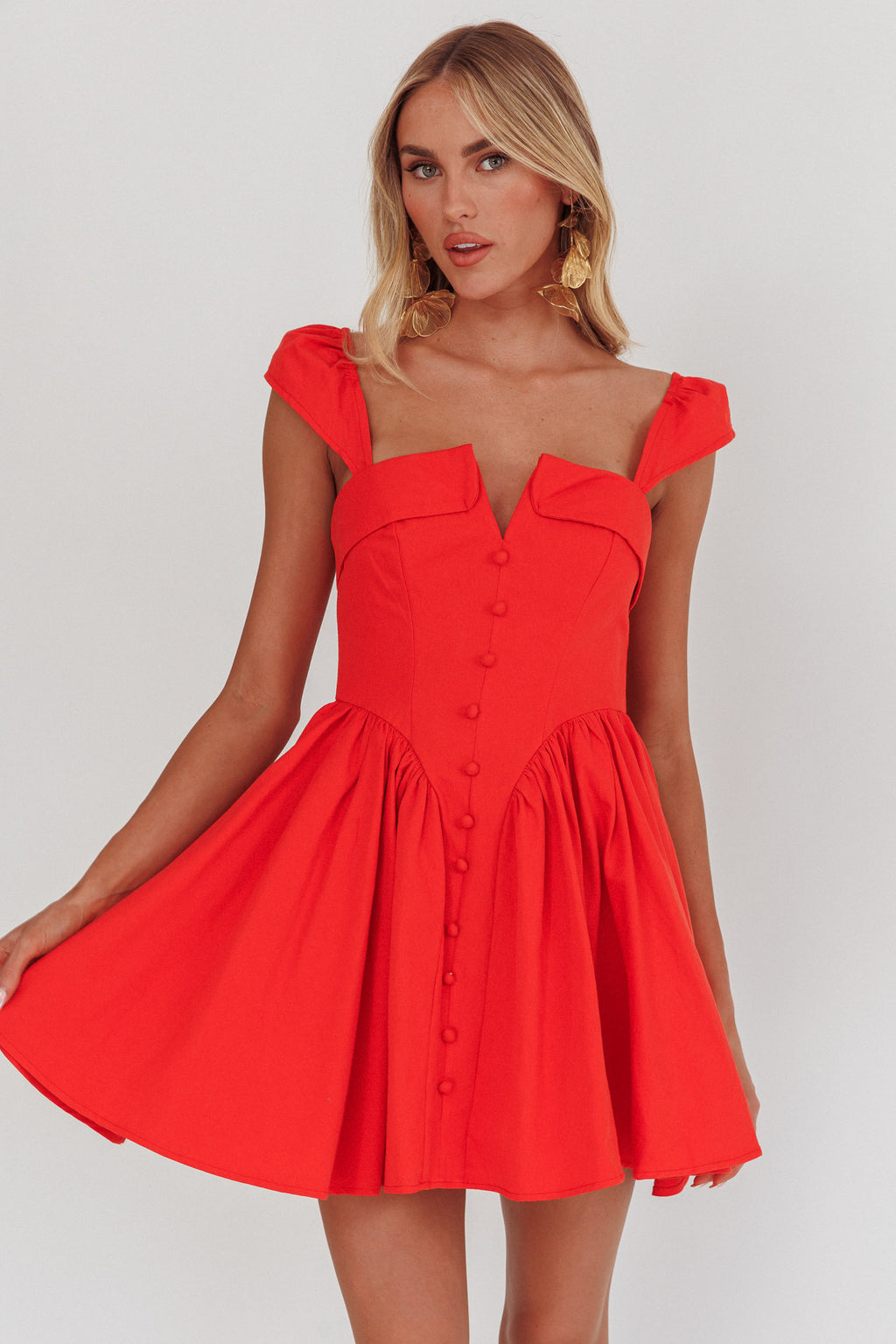 Morning Meadows Button Front Mini Dress Red by Selfie Leslie