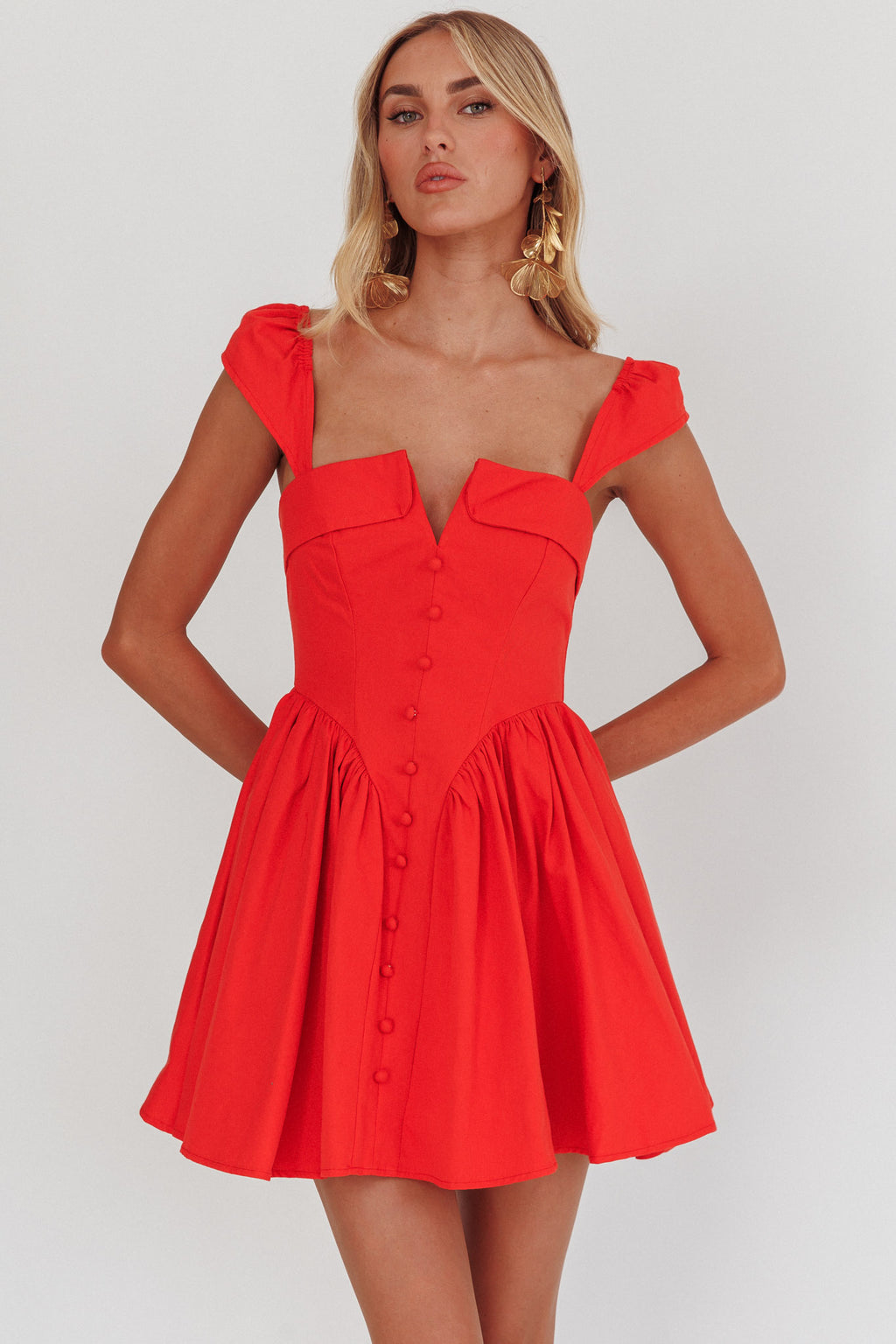 Morning Meadows Button Front Mini Dress Red by Selfie Leslie