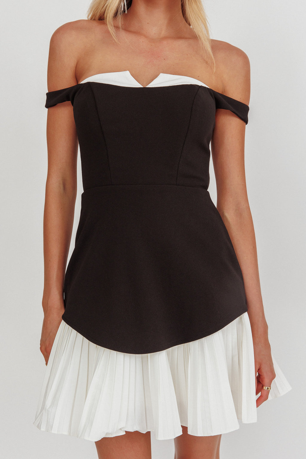 Devoted Love Pleat Hem Mini Dress Contrast Black by Selfie Leslie