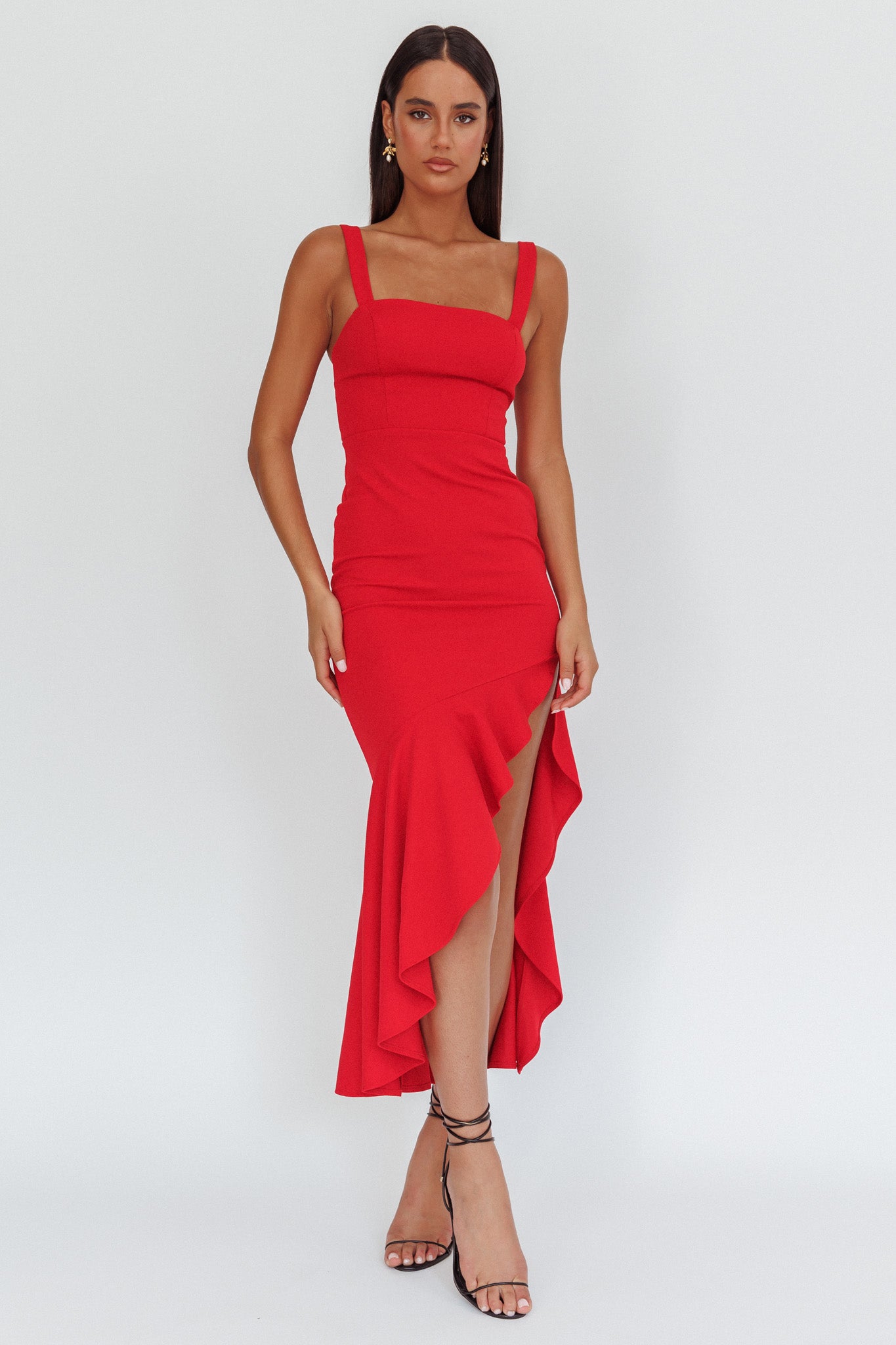 Delighted Asymmetric Hem Maxi Dress Red by Selfie Leslie