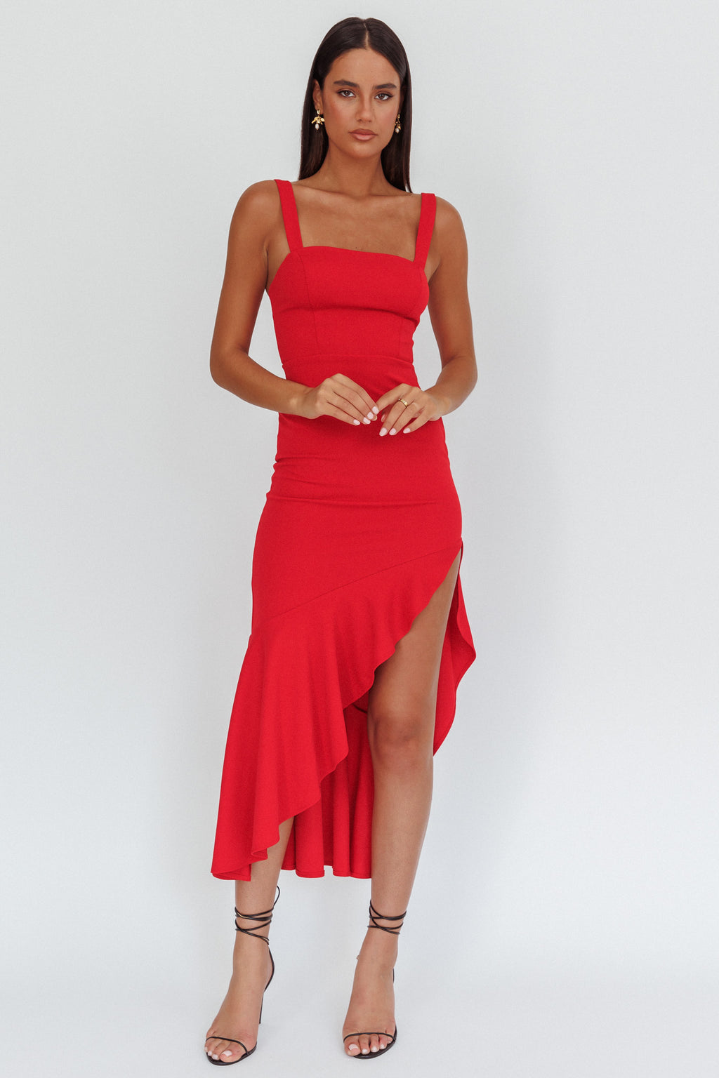 Delighted Asymmetric Hem Maxi Dress Red by Selfie Leslie