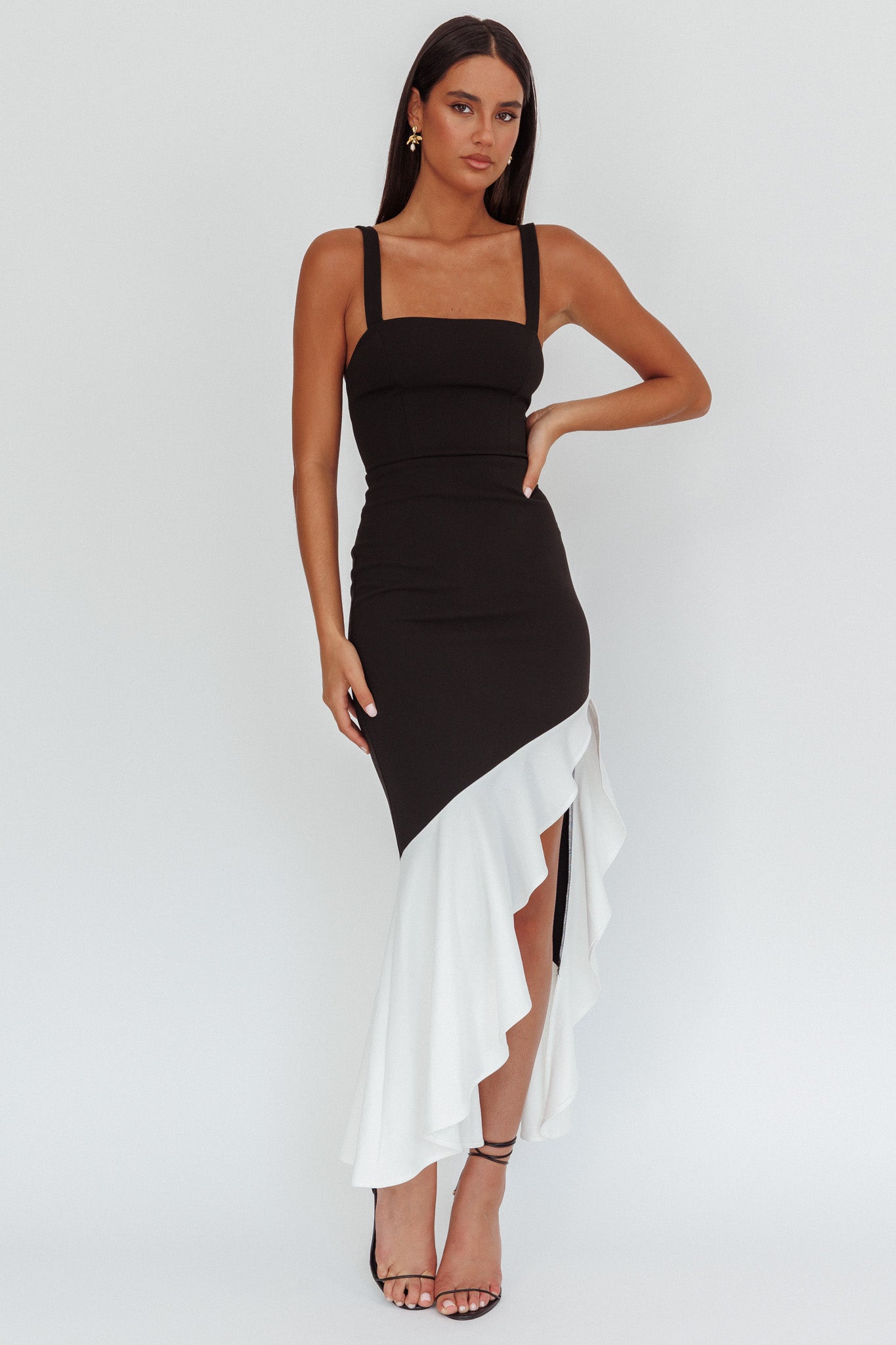Delighted Asymmetric Hem Maxi Dress Contrast Black by Selfie Leslie