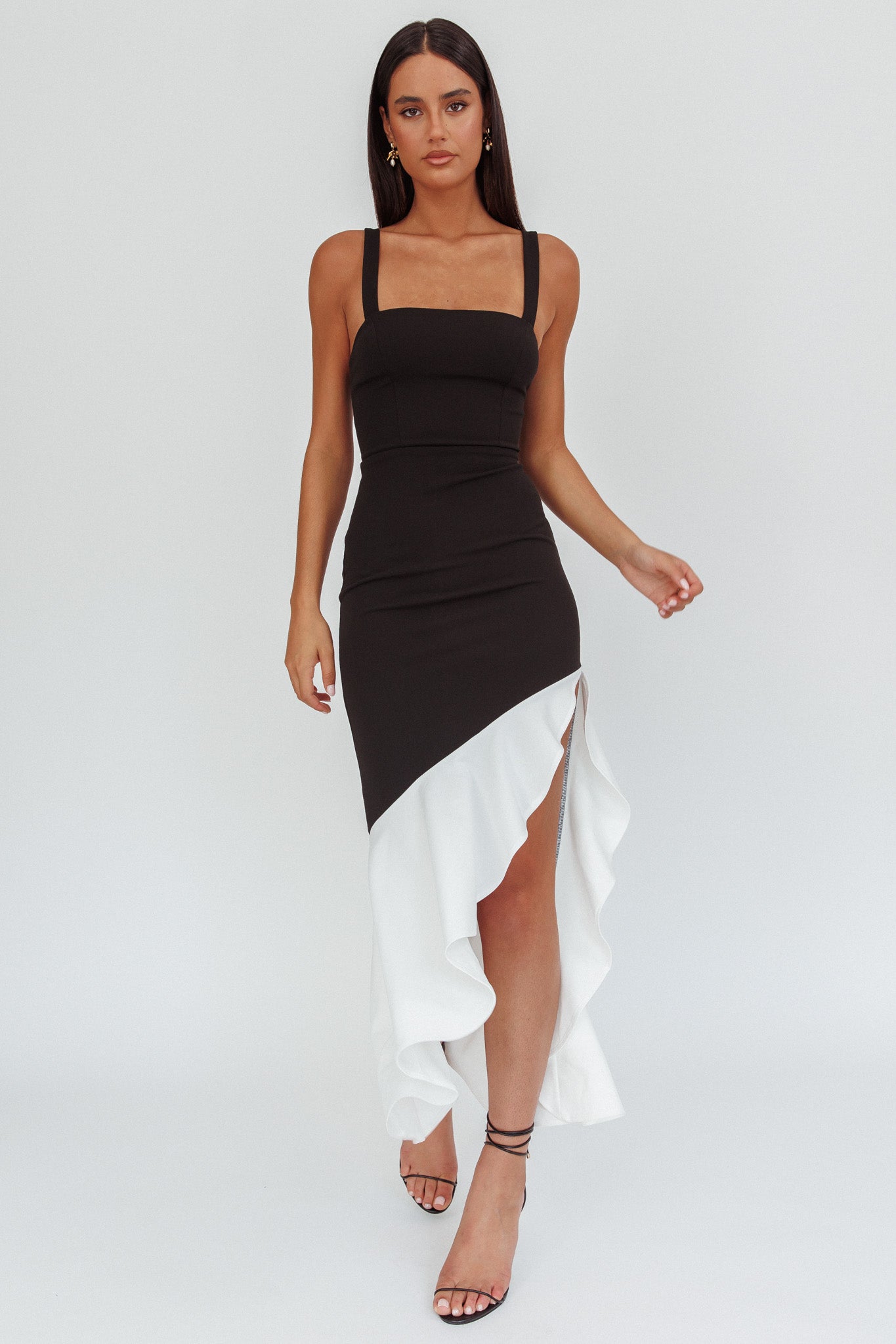 Delighted Asymmetric Hem Maxi Dress Contrast Black by Selfie Leslie