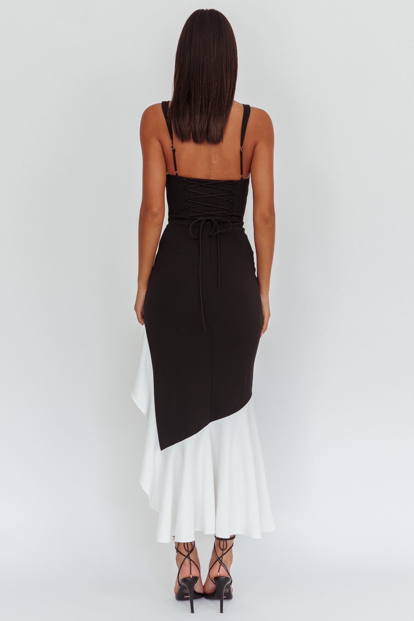 Delighted Asymmetric Hem Maxi Dress Contrast Black by Selfie Leslie