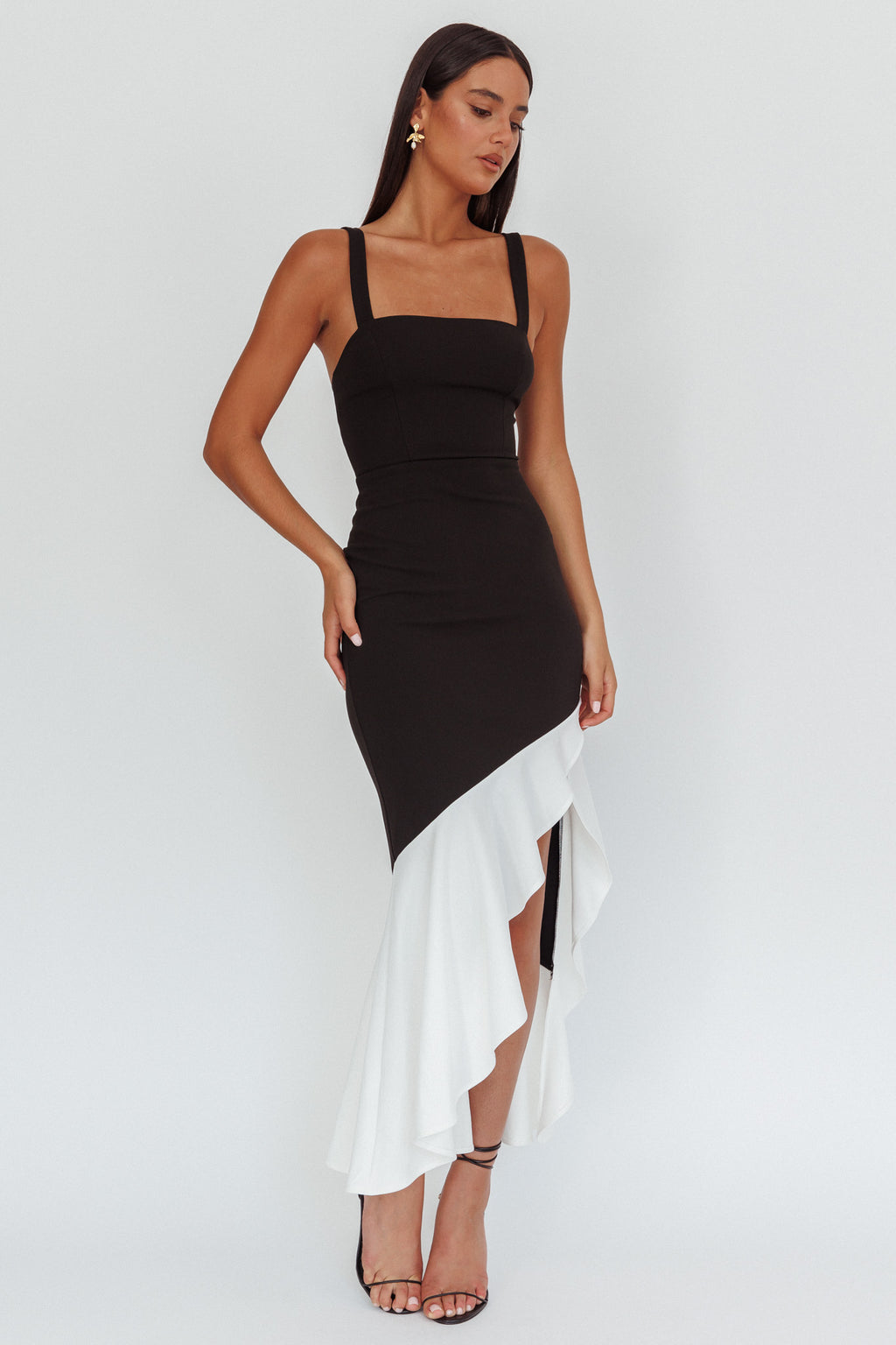 Delighted Asymmetric Hem Maxi Dress Contrast Black by Selfie Leslie