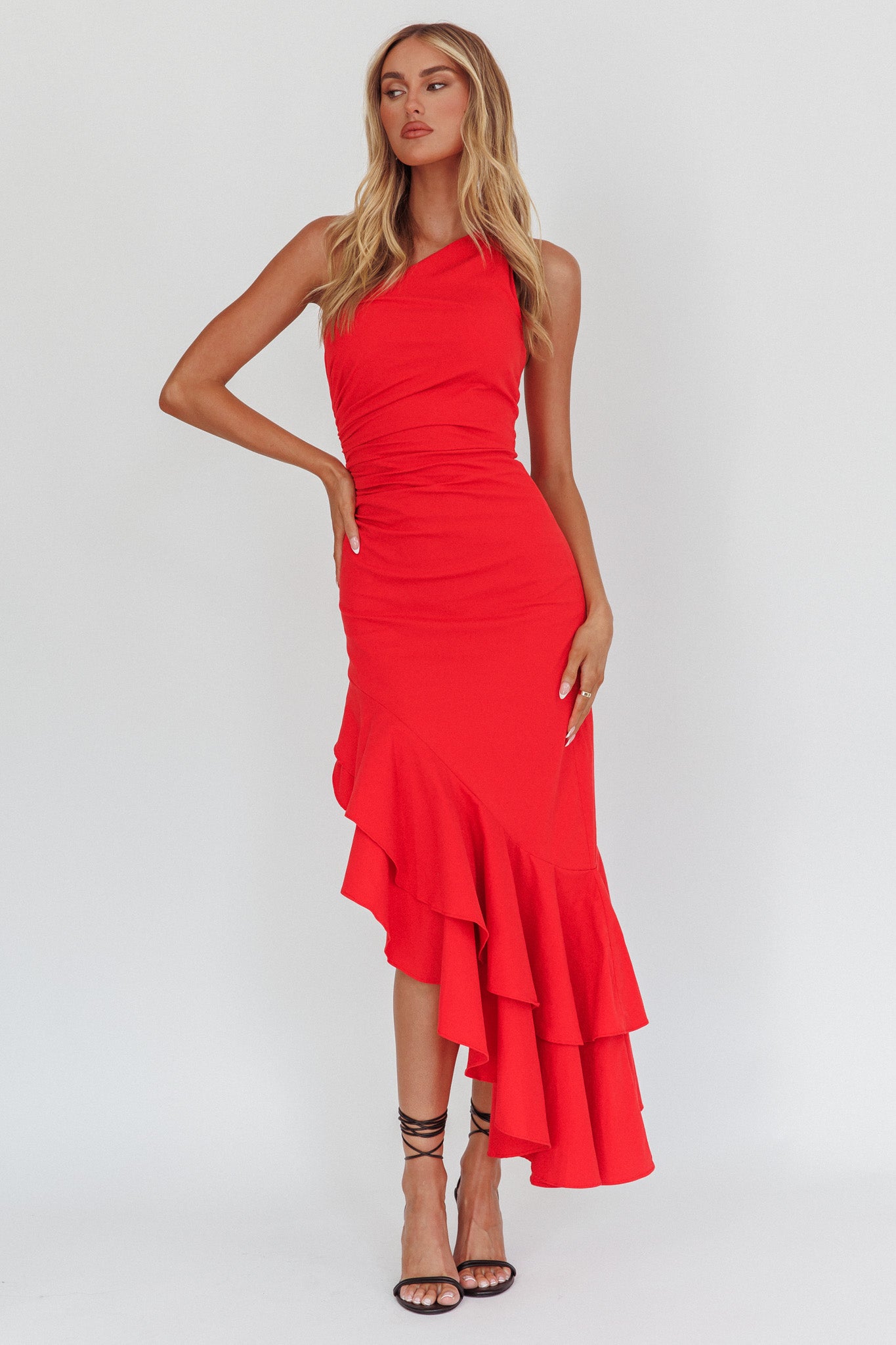 Bold Love One-Shoulder Asymmetric Hem Dress Red by Selfie Leslie