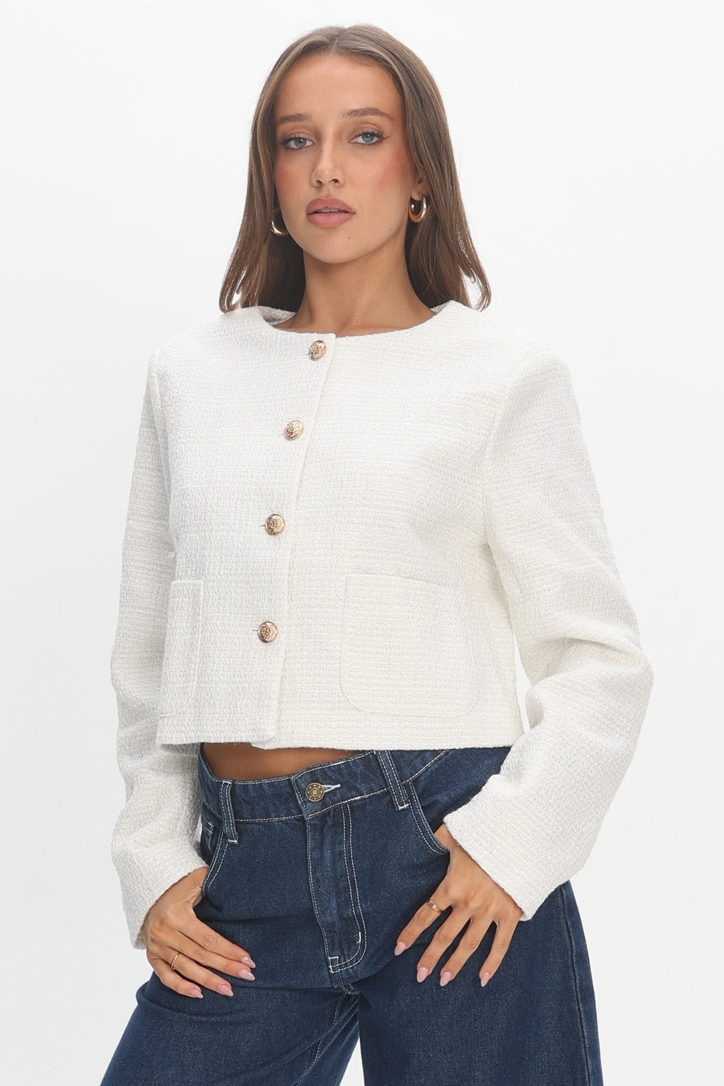 Beverly Hills Cropped Jacket Tweed White