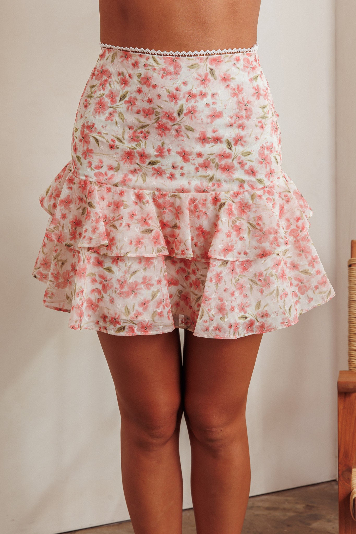 Loveletters High Waist Ruffle Mini Skirt Floral Pink by Selfie Leslie