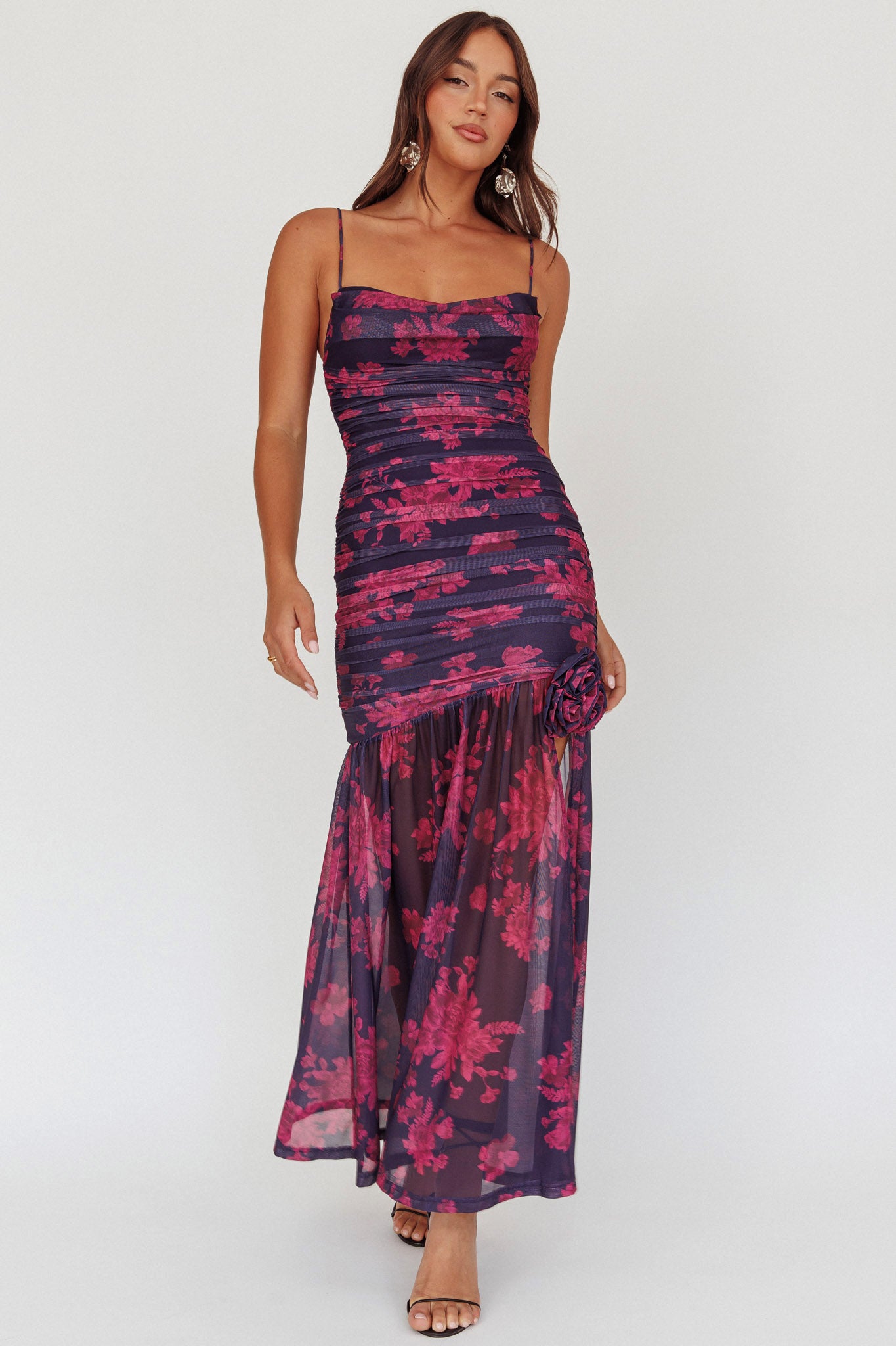 Stole The Show Ruched Mesh Maxi Dress Floral Grape by Selfie Leslie