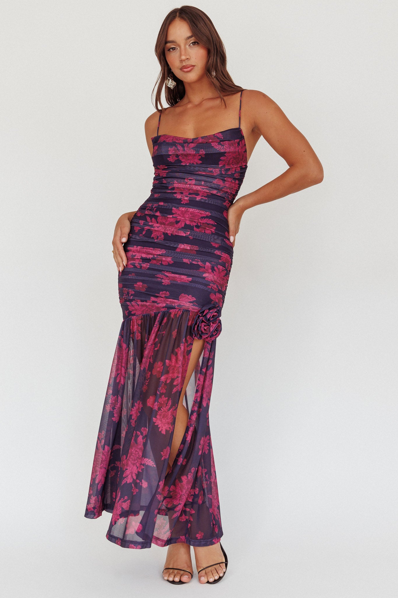 Stole The Show Ruched Mesh Maxi Dress Floral Grape by Selfie Leslie