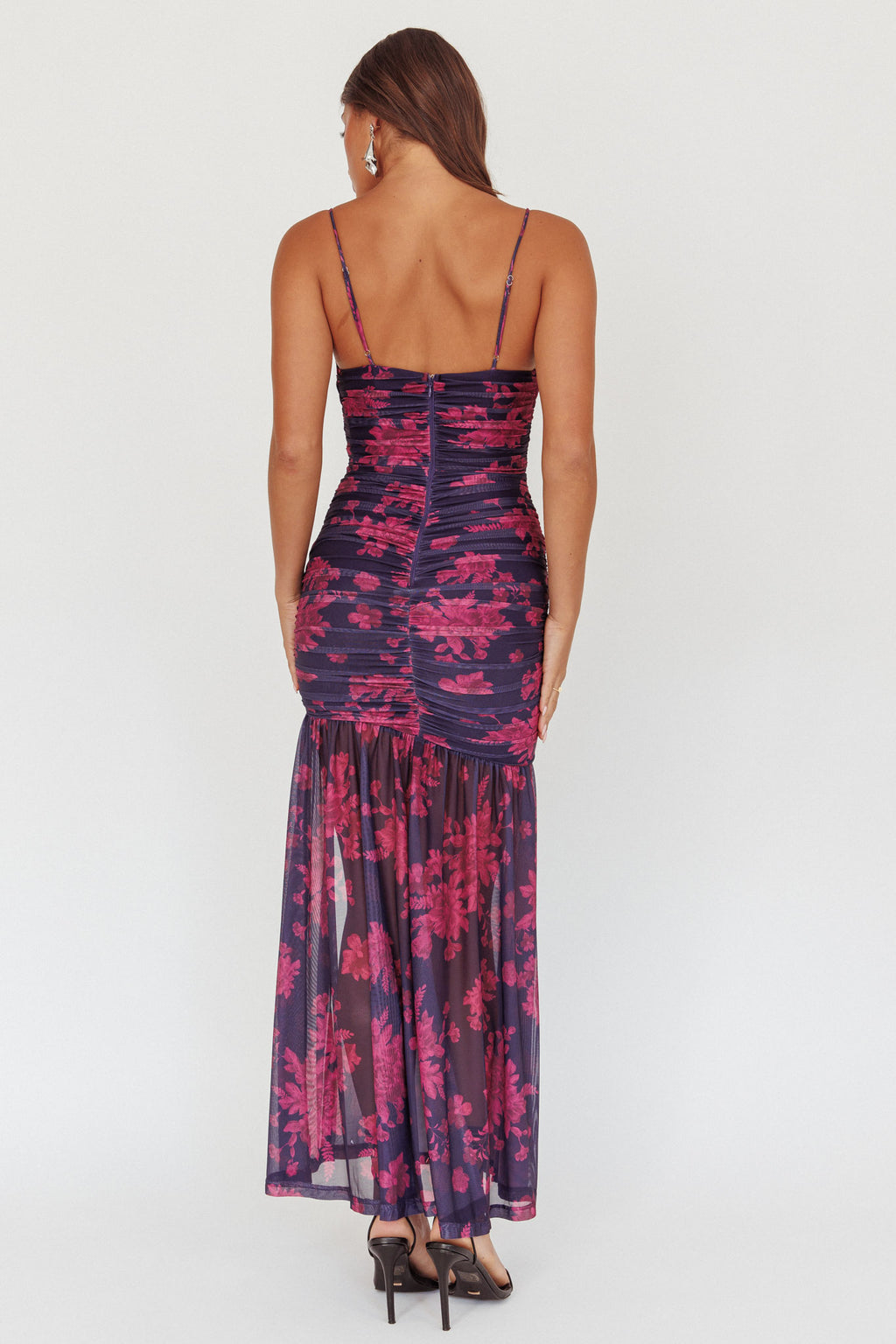 Stole The Show Ruched Mesh Maxi Dress Floral Grape by Selfie Leslie