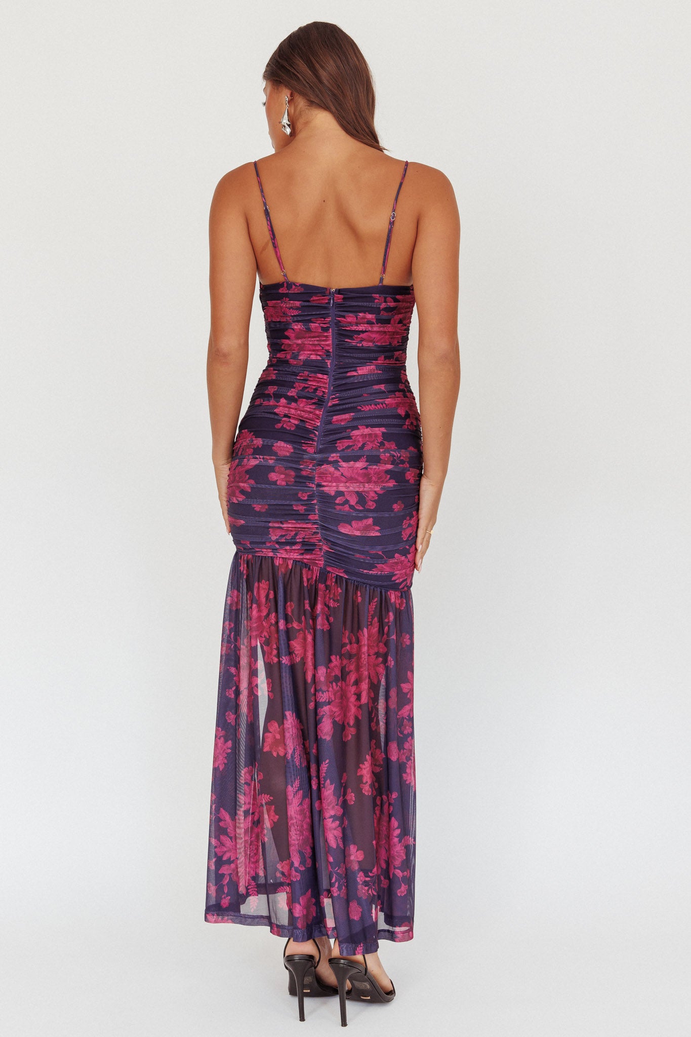 Stole The Show Ruched Mesh Maxi Dress Floral Grape by Selfie Leslie