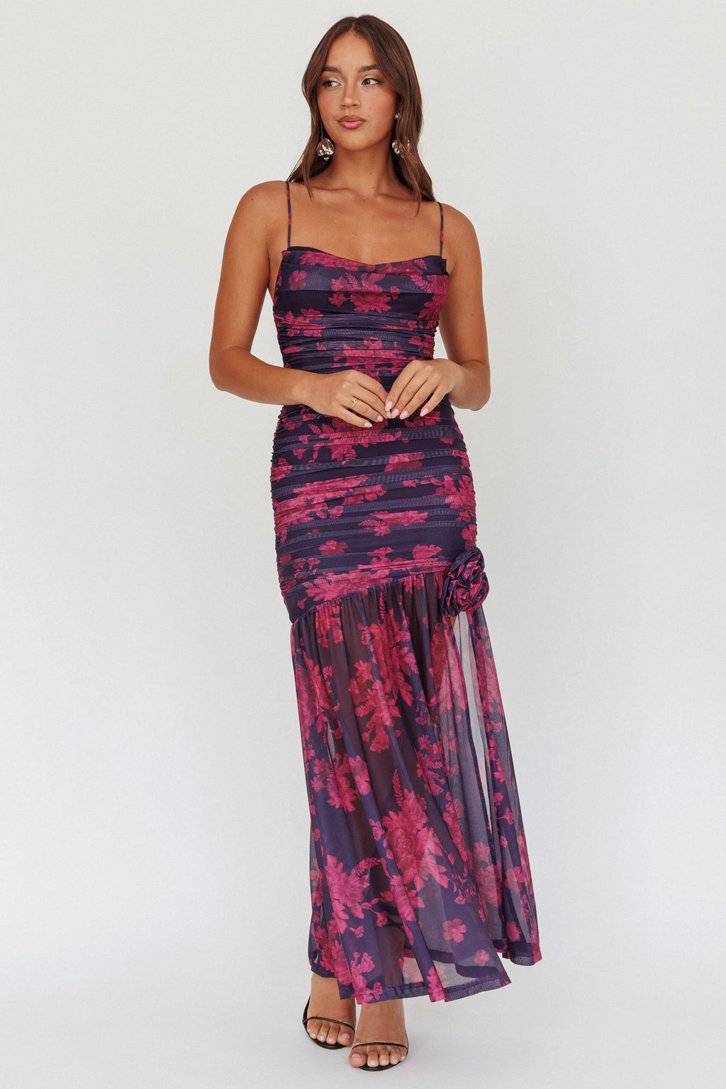 Stole The Show Ruched Mesh Maxi Dress Floral Grape by Selfie Leslie
