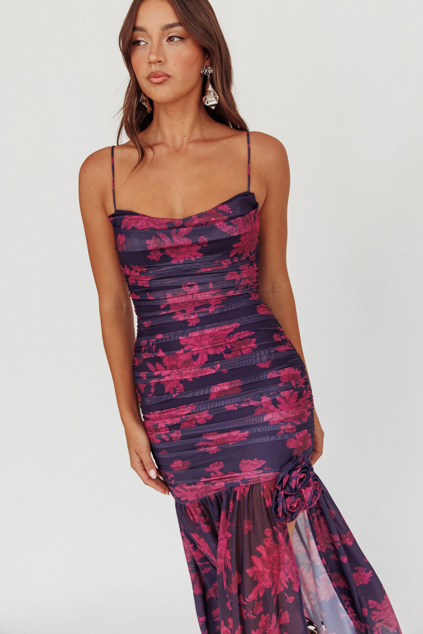 Stole The Show Ruched Mesh Maxi Dress Floral Grape by Selfie Leslie