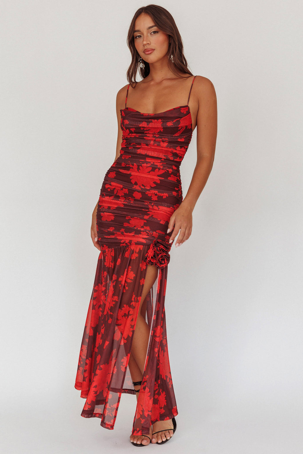 Stole The Show Ruched Mesh Maxi Dress Floral Red by Selfie Leslie