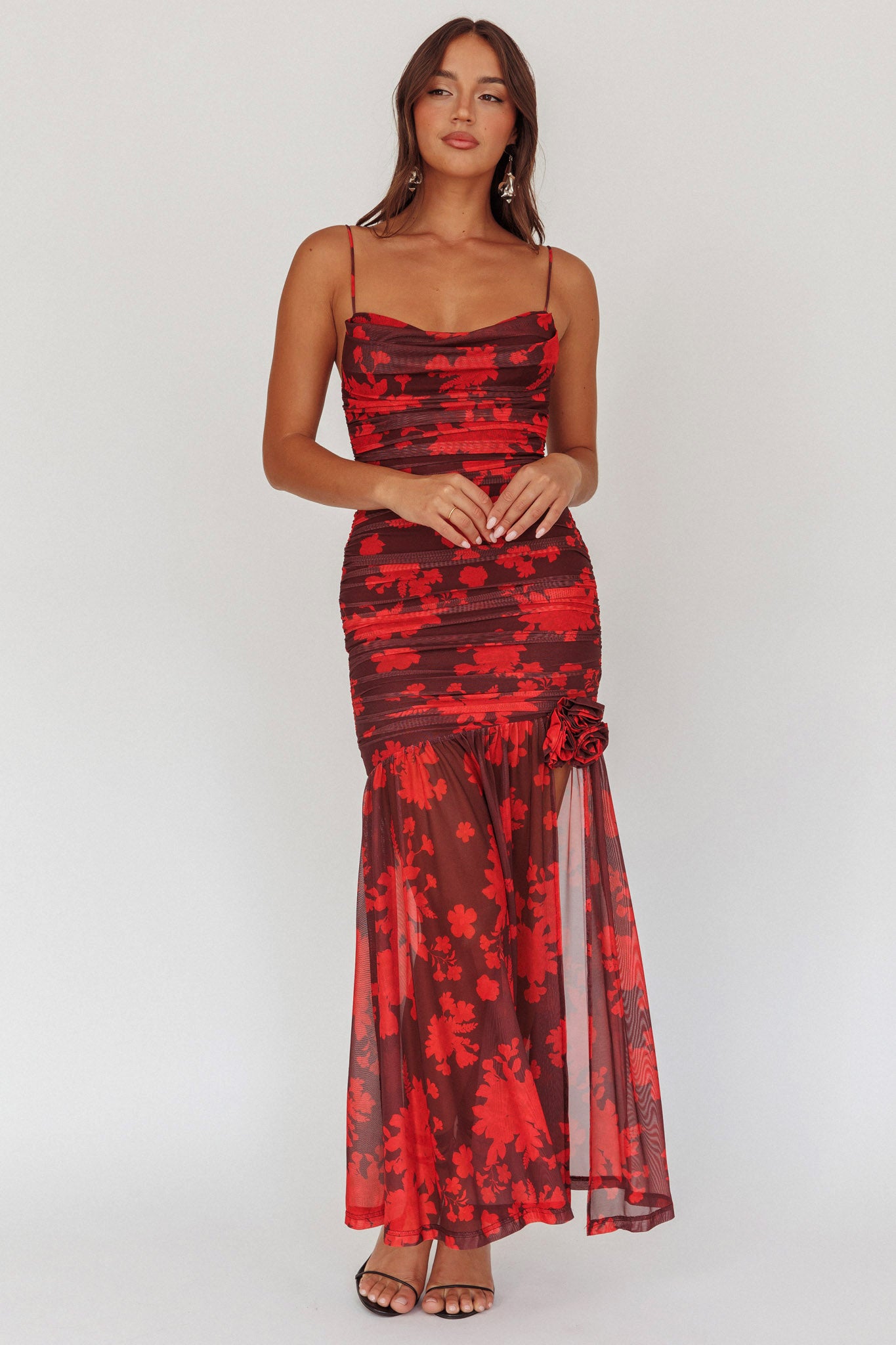 Stole The Show Ruched Mesh Maxi Dress Floral Red by Selfie Leslie